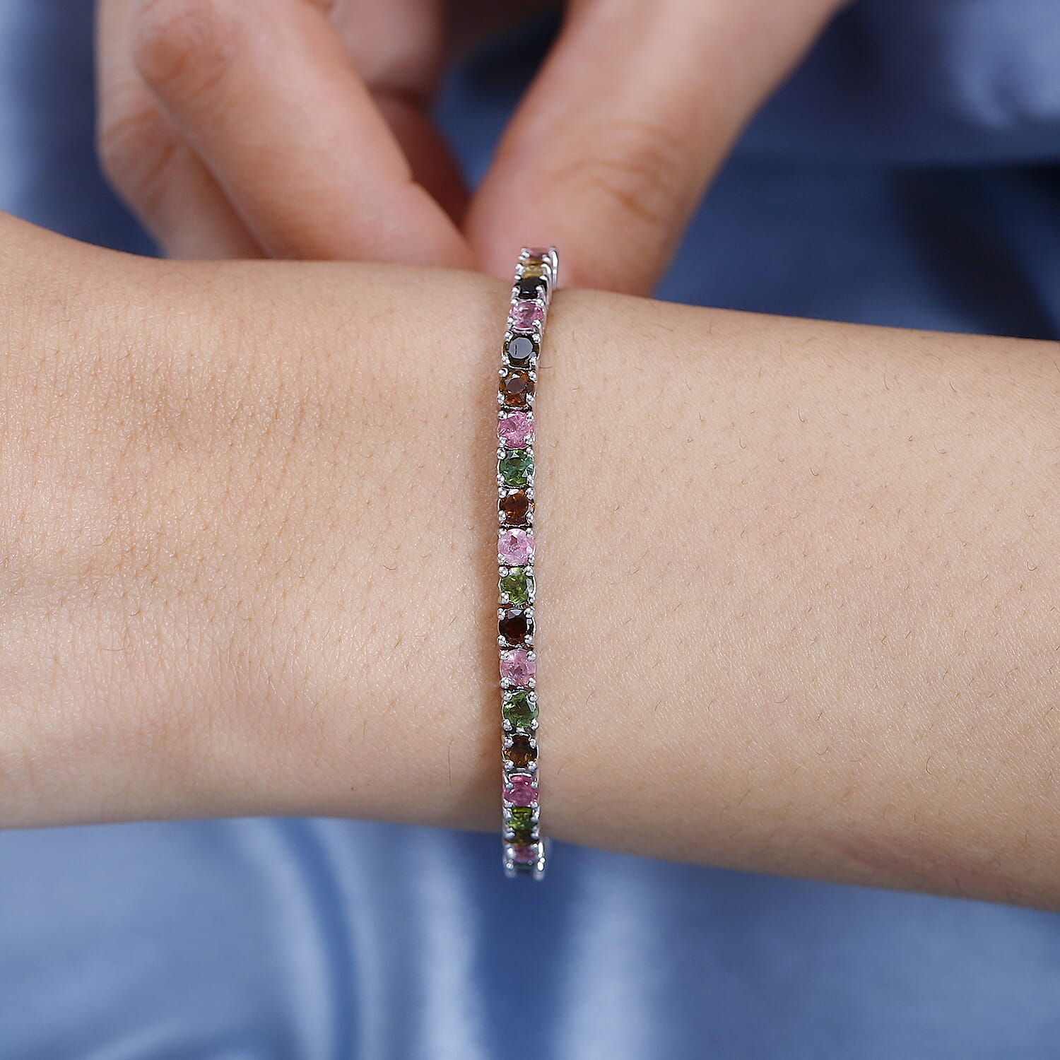 Multi-Tourmaline Tennis Bracelet (Size - 7) in Platinum Overlay Sterling Silver 6.78 Ct, Silver Wt 9.60 GM