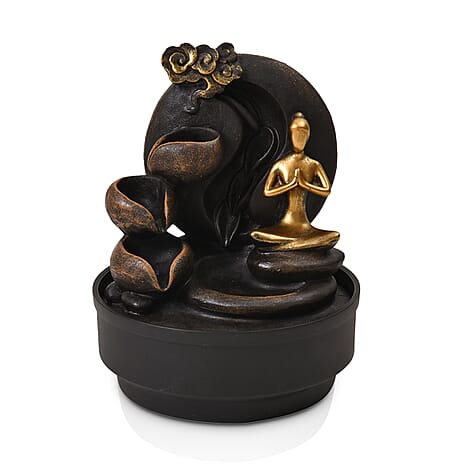 2-In-1 Yoga Statue Buddha Greeting and Teaching Water Fountain LED Light With Incense Burner (30pcs Incense) - Grey & Gold