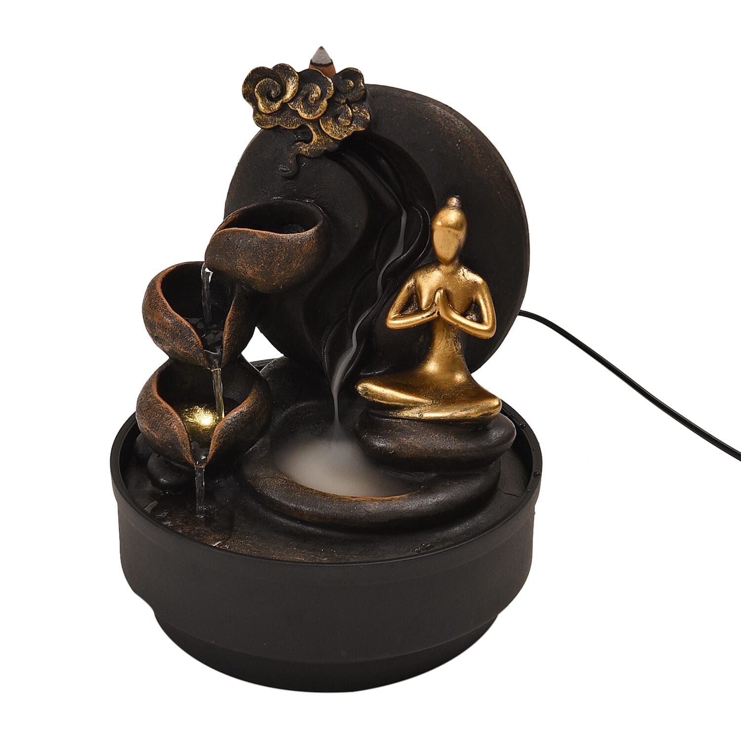 2-In-1 Yoga Statue Buddha Greeting and Teaching Water Fountain LED Light With Incense Burner (30pcs Incense) - Grey & Gold