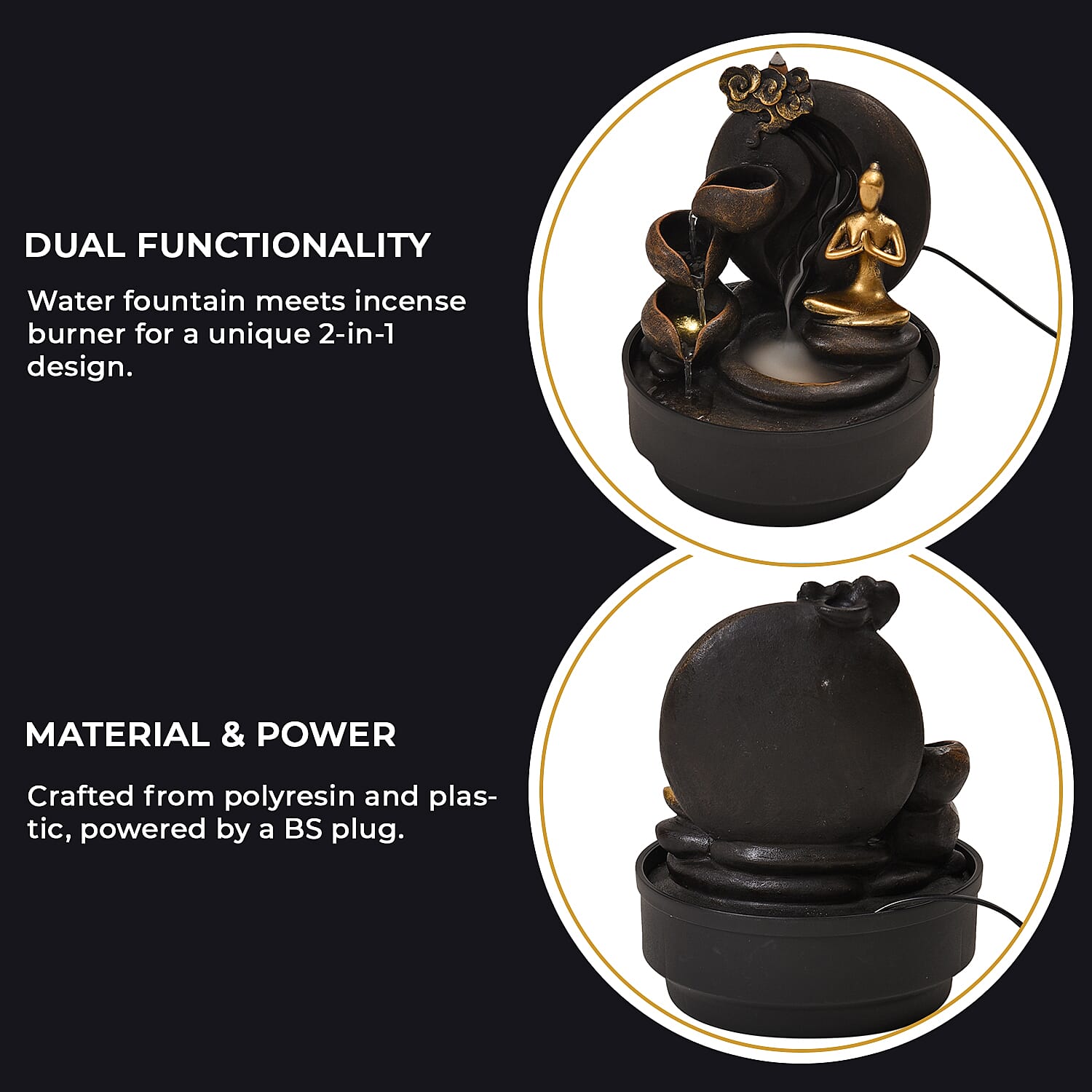 2-In-1 Yoga Statue Buddha Greeting and Teaching Water Fountain LED Light With Incense Burner (30pcs Incense) - Grey - Gold