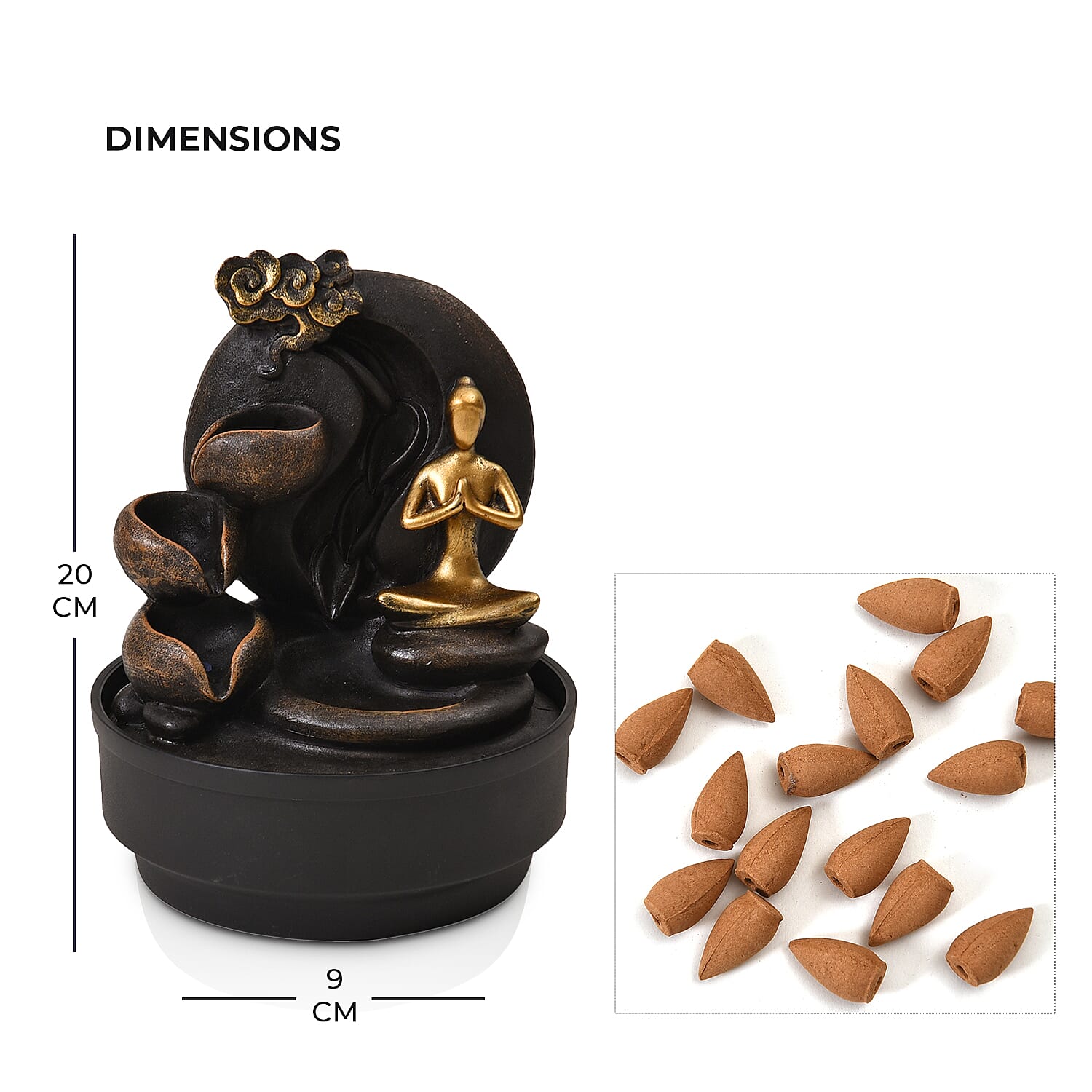 2-In-1 Yoga Statue Buddha Greeting and Teaching Water Fountain LED Light With Incense Burner (30pcs Incense) - Grey - Gold