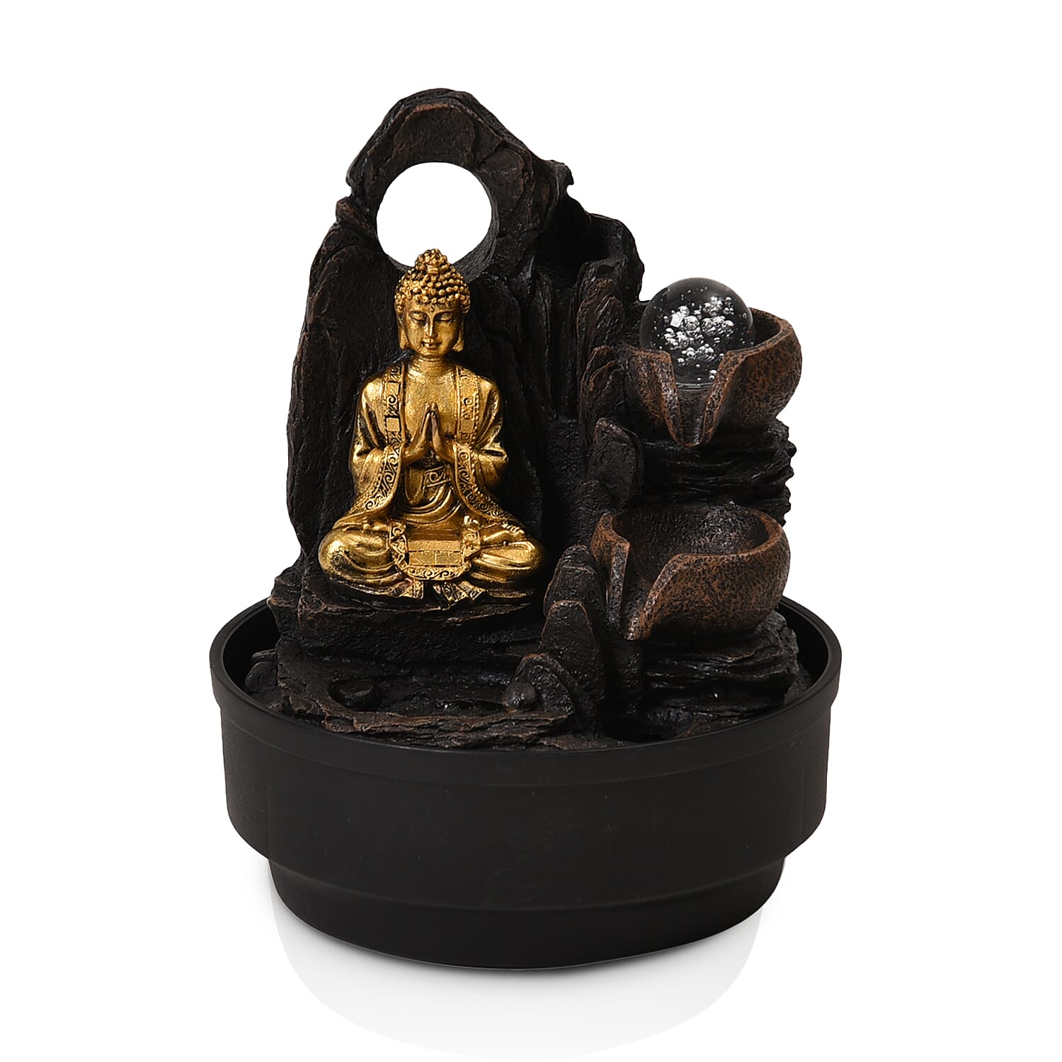 2-In-1 Buddha Greeting and Teaching, Water Fountain LED Light With Incense Burner (30pcs Incense) - Grey - Gold
