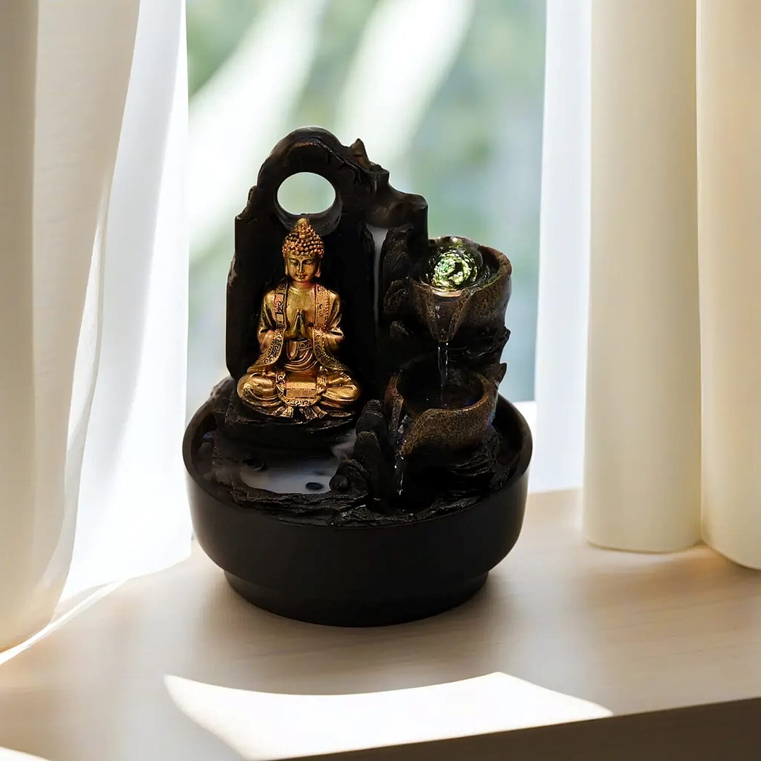 2-In-1 Buddha Greeting and Teaching, Water Fountain LED Light With Incense Burner (30pcs Incense) - Grey - Gold