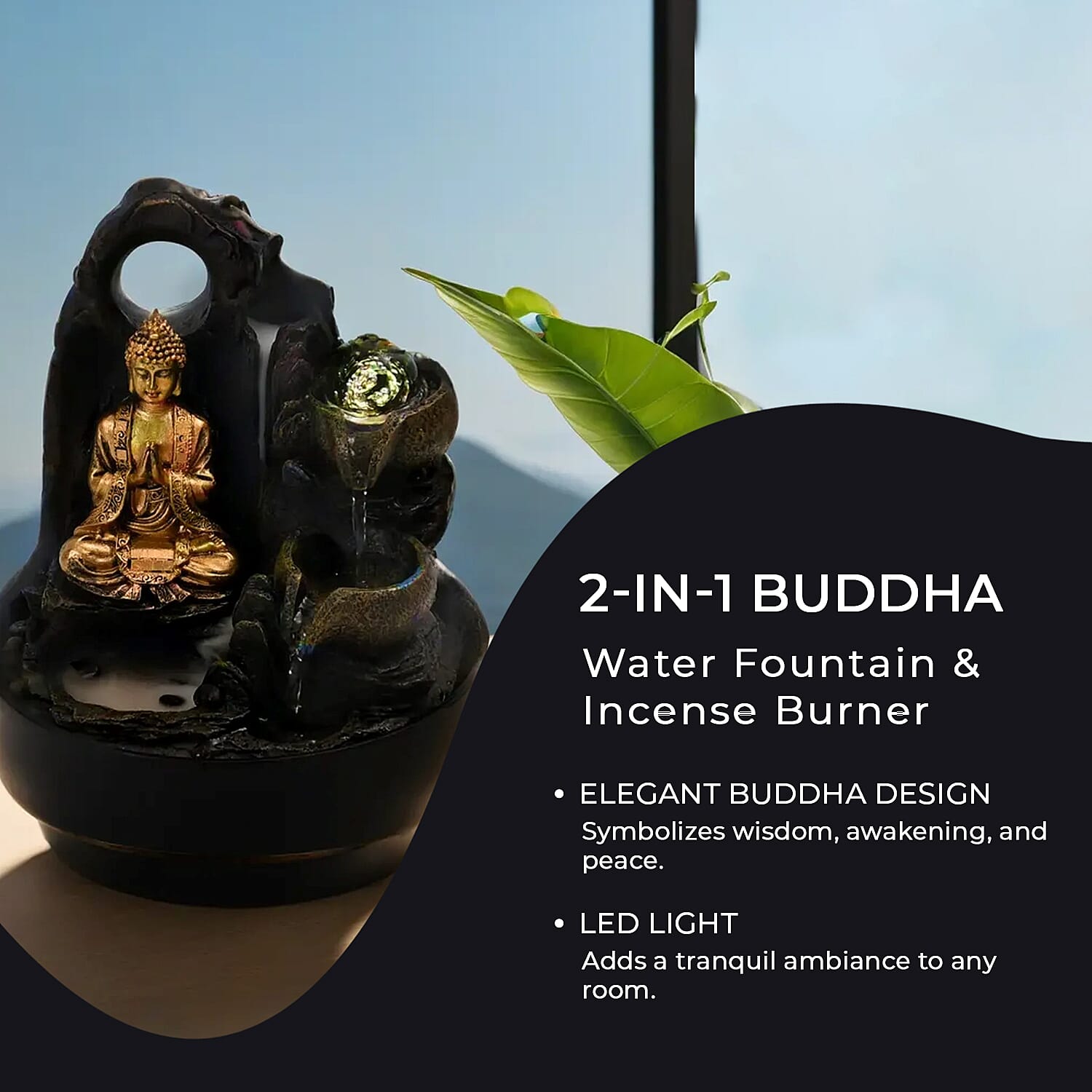 2-In-1 Buddha Greeting and Teaching, Water Fountain LED Light With Incense Burner (30pcs Incense) - Grey - Gold