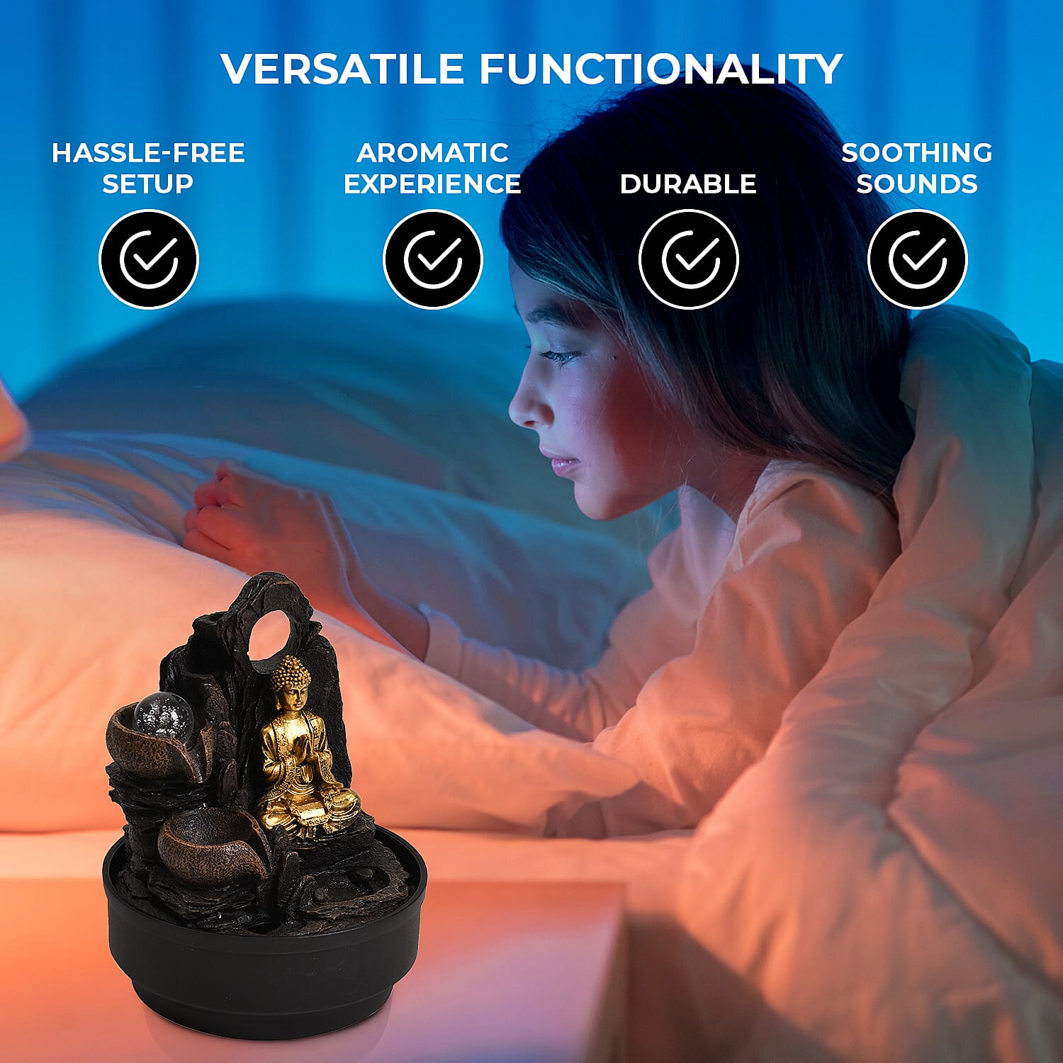 2-In-1 Buddha Greeting and Teaching, Water Fountain LED Light With Incense Burner (30pcs Incense) - Grey - Gold