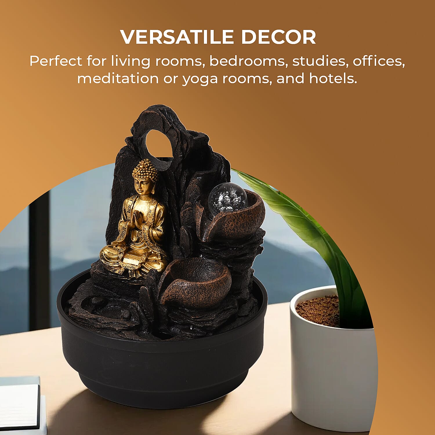 2-In-1 Buddha Greeting and Teaching, Water Fountain LED Light With Incense Burner (30pcs Incense) - Grey - Gold