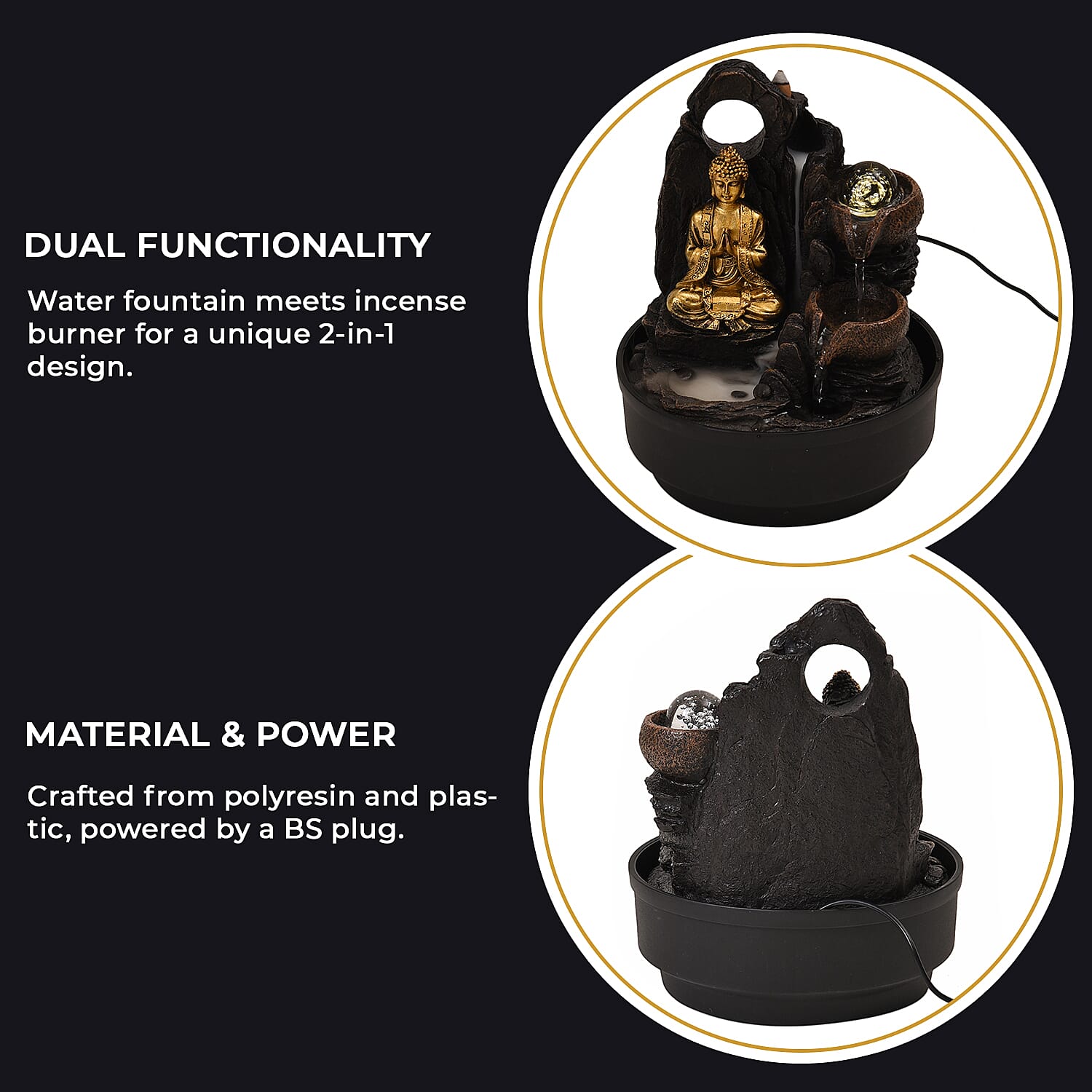 2-In-1 Buddha Greeting and Teaching, Water Fountain LED Light With Incense Burner (30pcs Incense) - Grey - Gold