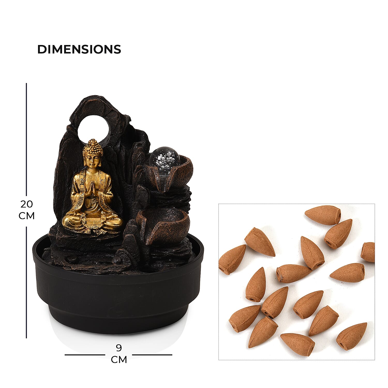 2-In-1 Buddha Greeting and Teaching, Water Fountain LED Light With Incense Burner (30pcs Incense) - Grey - Gold