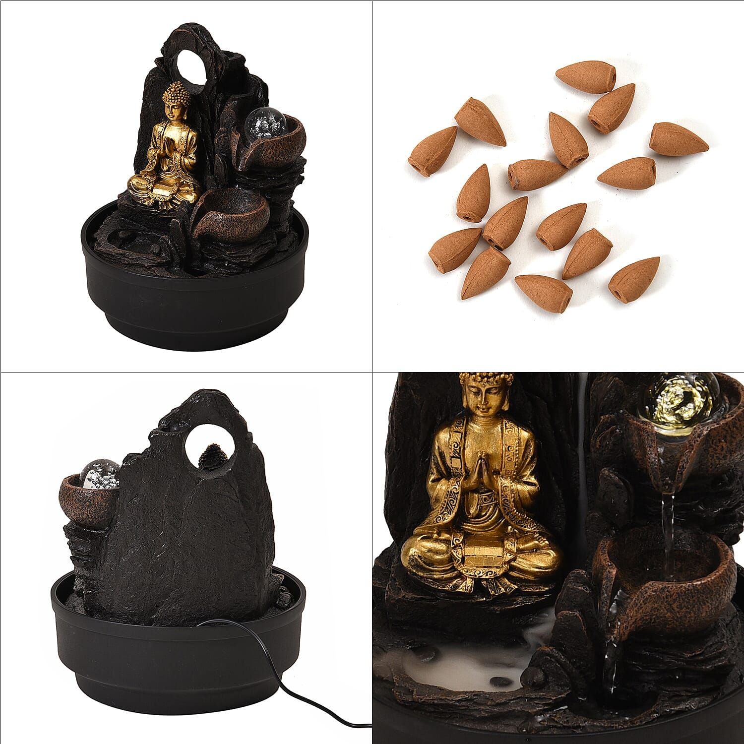 2-In-1 Buddha Greeting and Teaching, Water Fountain LED Light With Incense Burner (30pcs Incense) - Grey - Gold