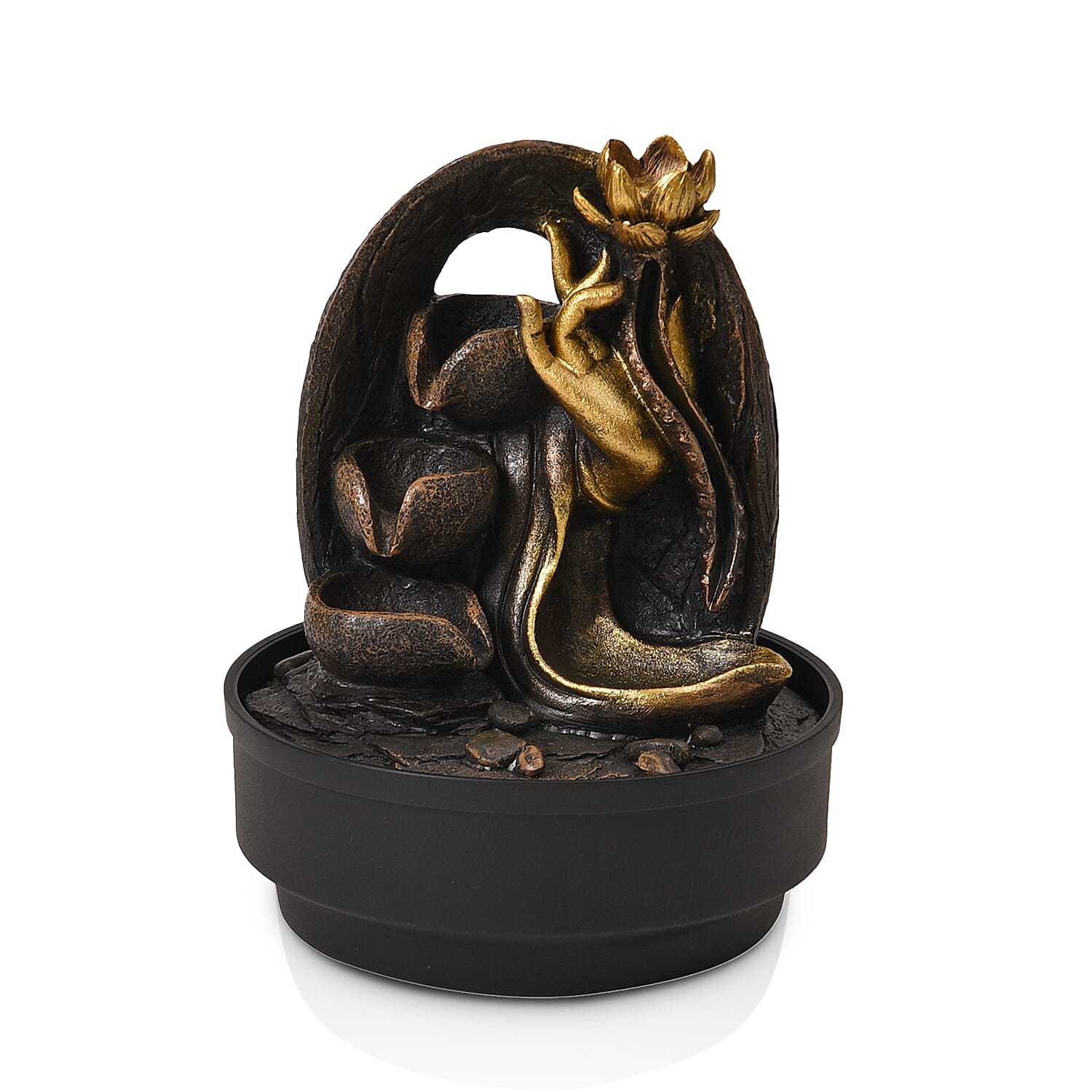 2-In-1 Buddha Hand with a Lotus Fountain LED Light With Incense Burner (30pcs Incense) - Grey - Gold