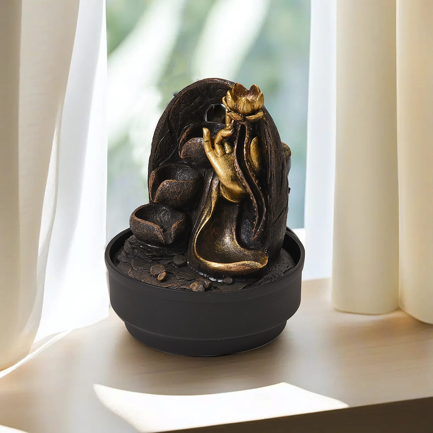 2-In-1 Buddha Hand with a Lotus Fountain LED Light With Incense Burner (30pcs Incense) - Grey - Gold