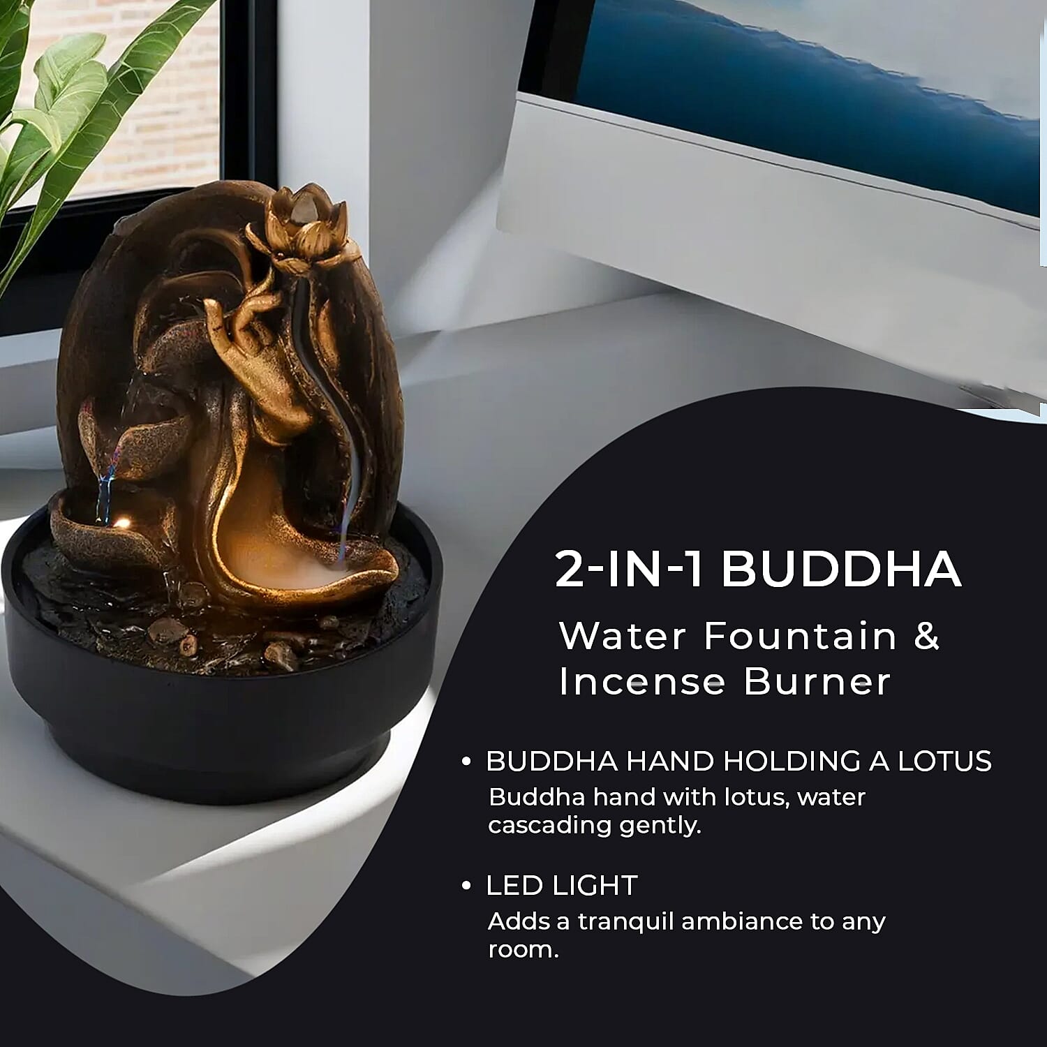 2-In-1 Buddha Hand with a Lotus Fountain LED Light With Incense Burner (30pcs Incense) - Grey - Gold