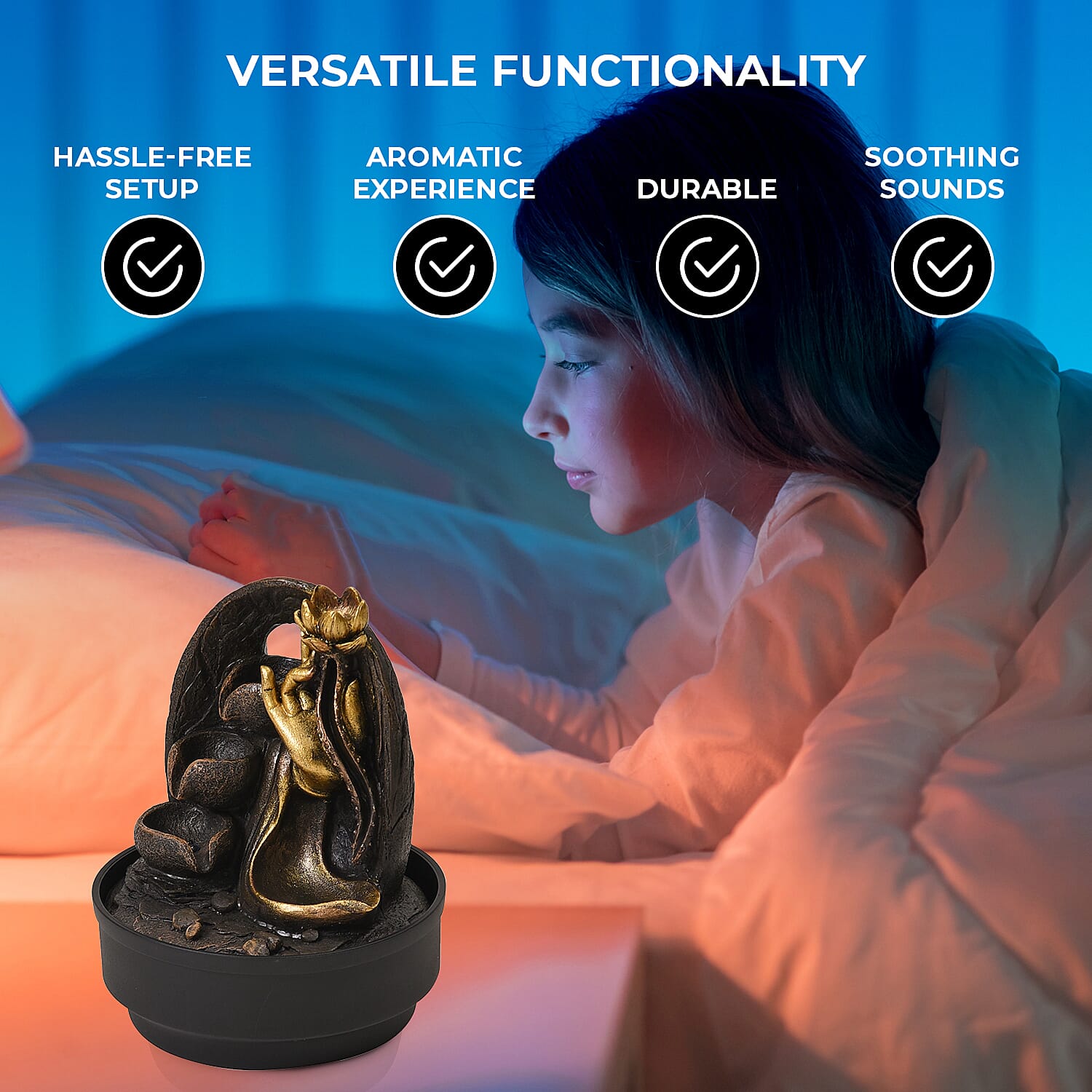 2-In-1 Buddha Hand with a Lotus Fountain LED Light With Incense Burner (30pcs Incense) - Grey - Gold