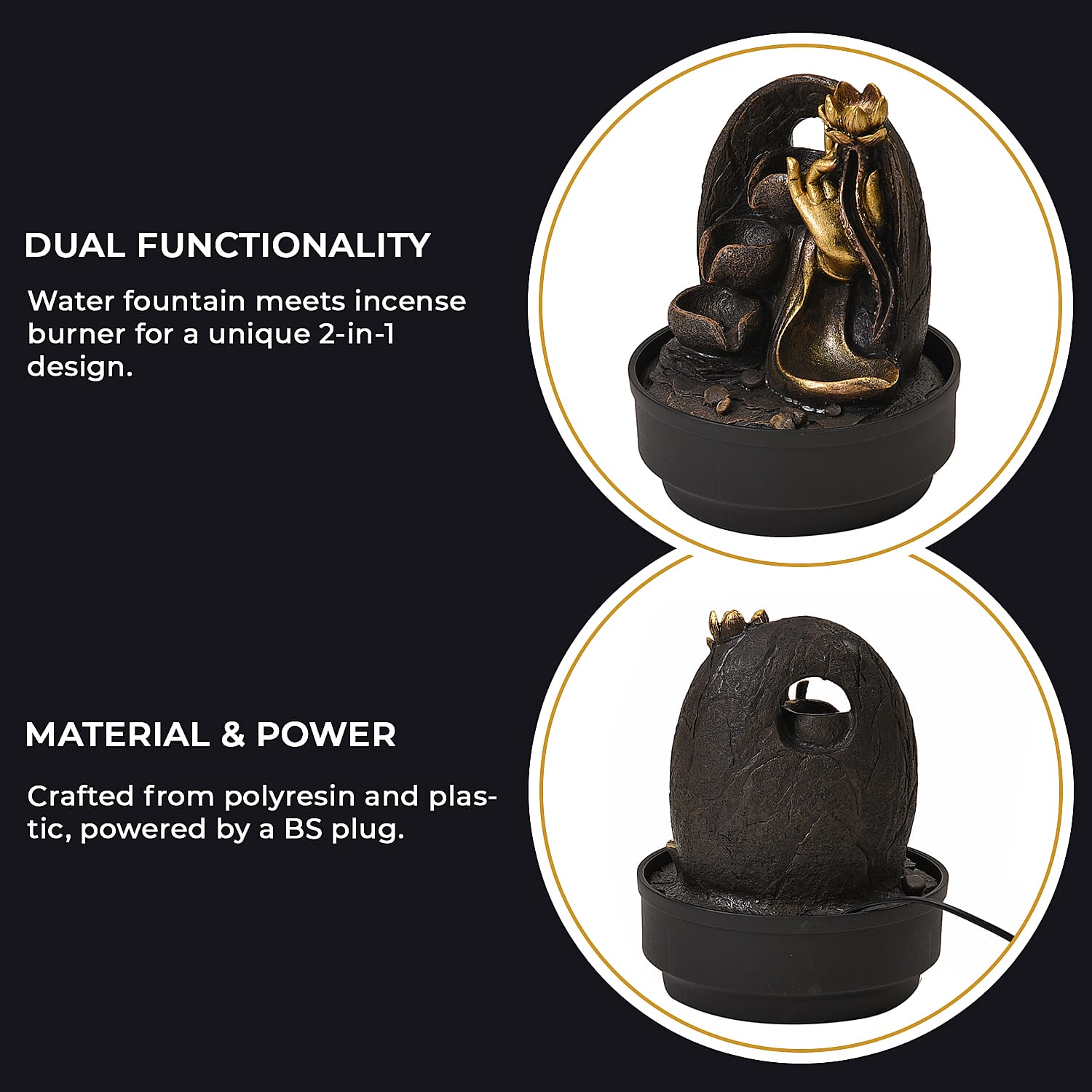 2-In-1 Buddha Hand with a Lotus Fountain LED Light With Incense Burner (30pcs Incense) - Grey - Gold