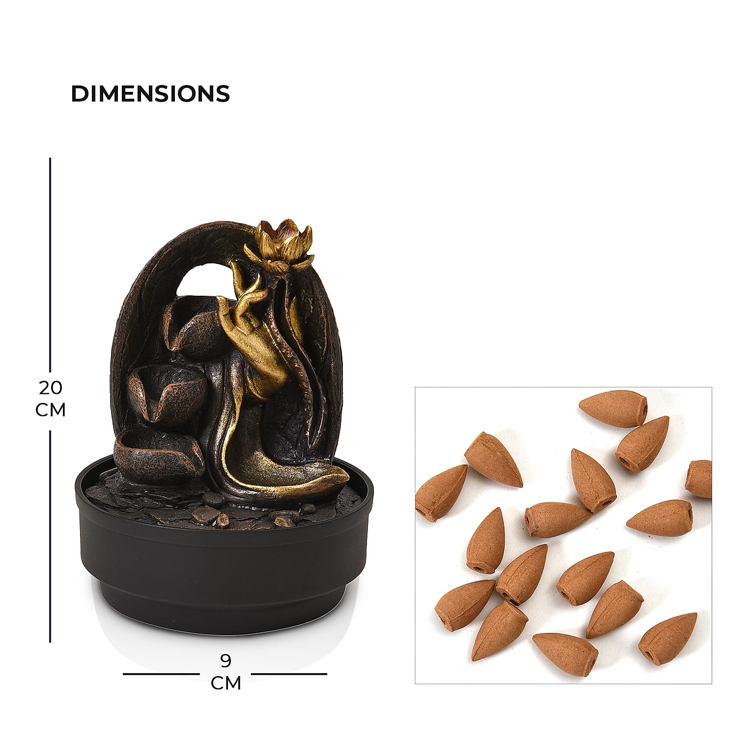 2-In-1 Buddha Hand with a Lotus Fountain LED Light With Incense Burner (30pcs Incense) - Grey - Gold