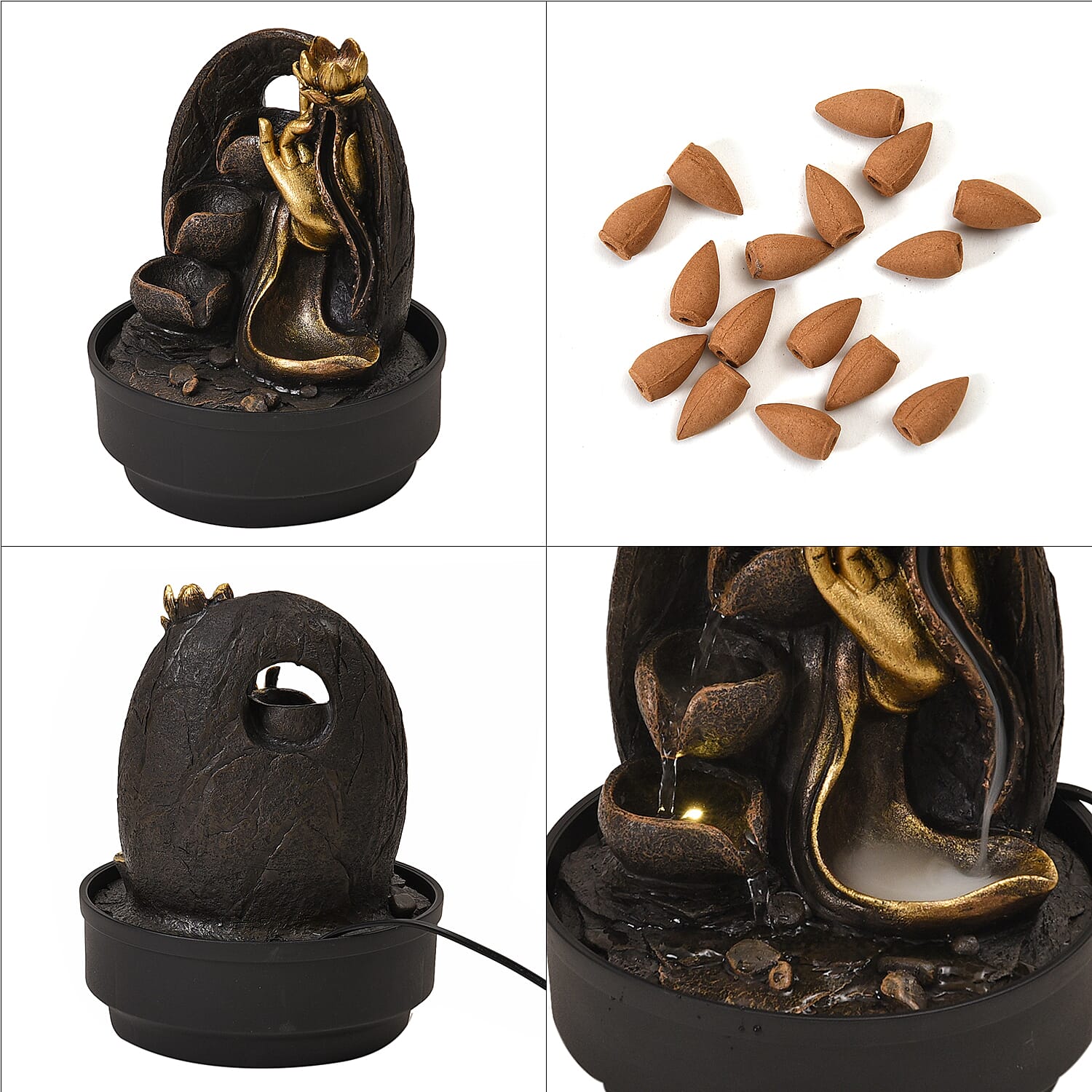 2-In-1 Buddha Hand with a Lotus Fountain LED Light With Incense Burner (30pcs Incense) - Grey - Gold