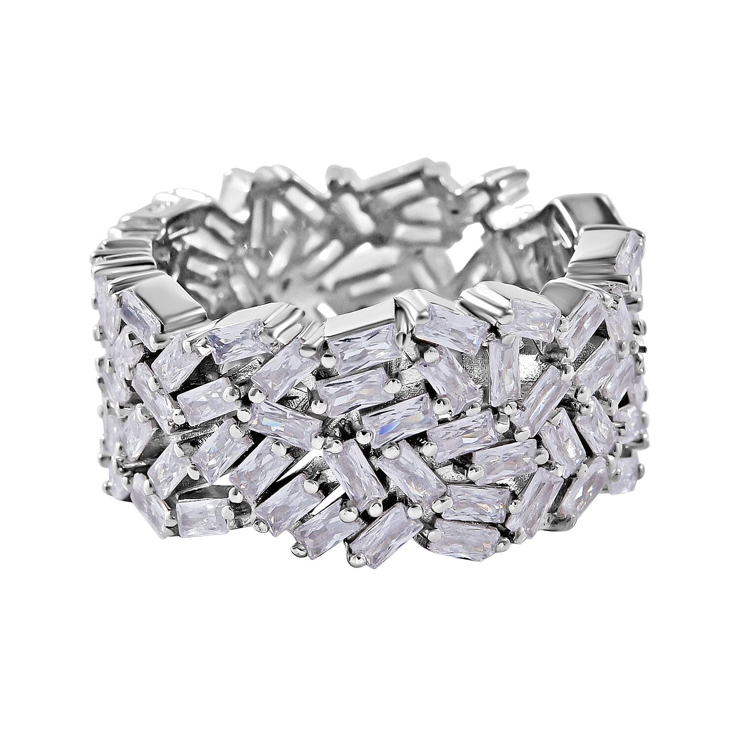 Lustro Stella - Cubic Zirconia Fire Cracker Full Eternity Band Ring in Rhodium Overlay Sterling Silver, Silver  Wt 7.10 Gms