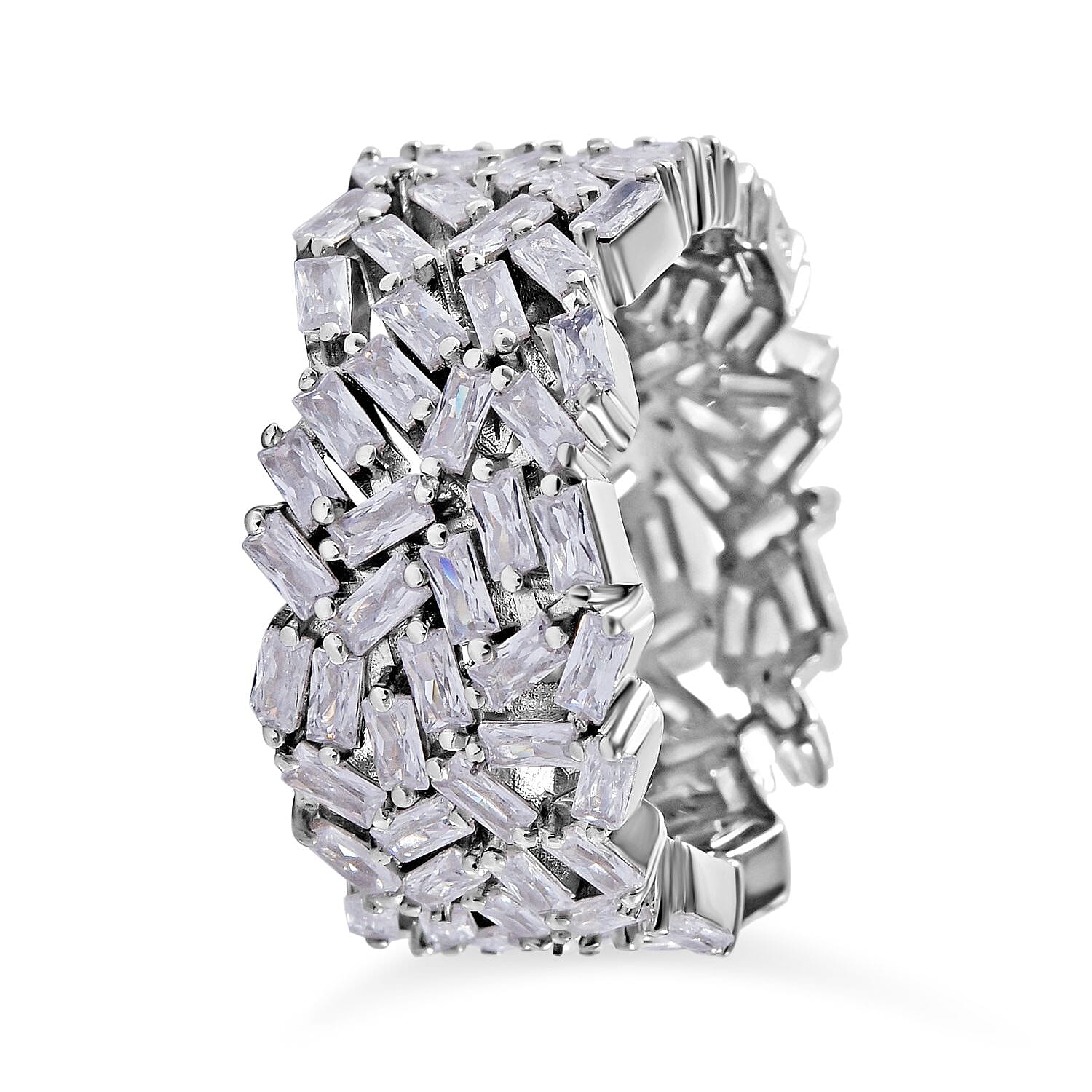 Lustro Stella - Cubic Zirconia Fire Cracker Full Eternity Band Ring in Rhodium Overlay Sterling Silver, Silver  Wt 7.10 Gms