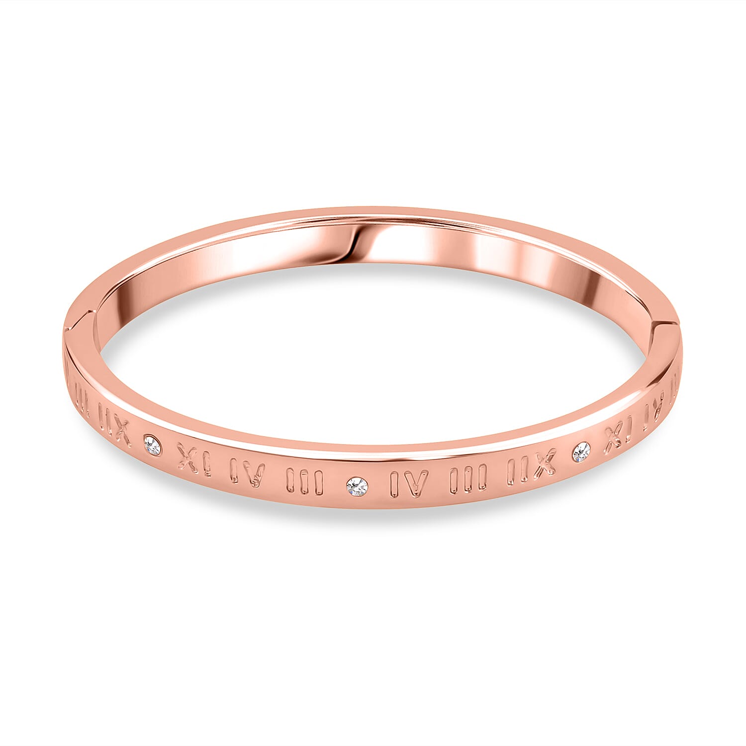 Designer Inspired-White Austrian Crystal Bangle (Size - 7) in Rose Gold Tone