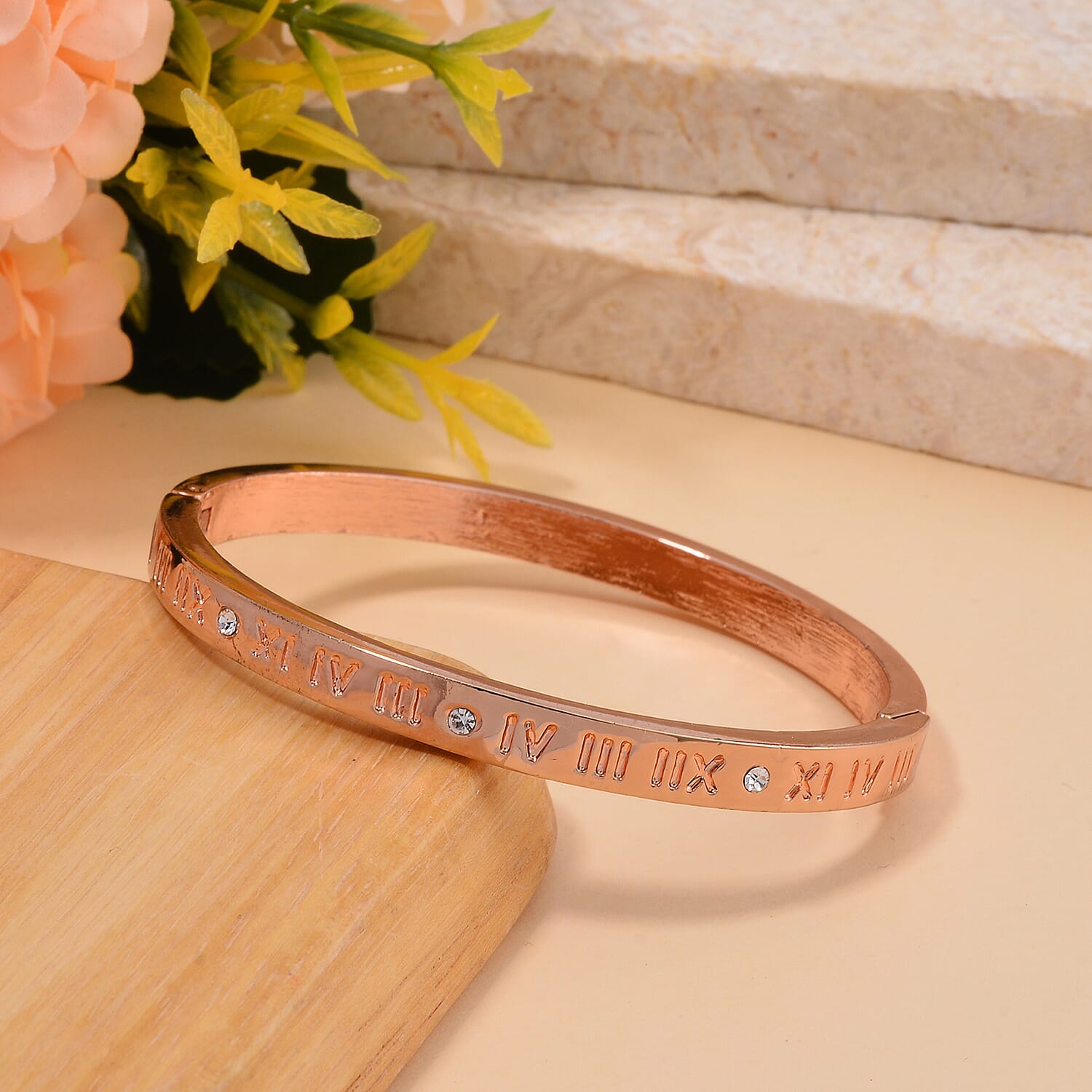 Designer Inspired-White Austrian Crystal Bangle (Size - 7) in Rose Gold Tone