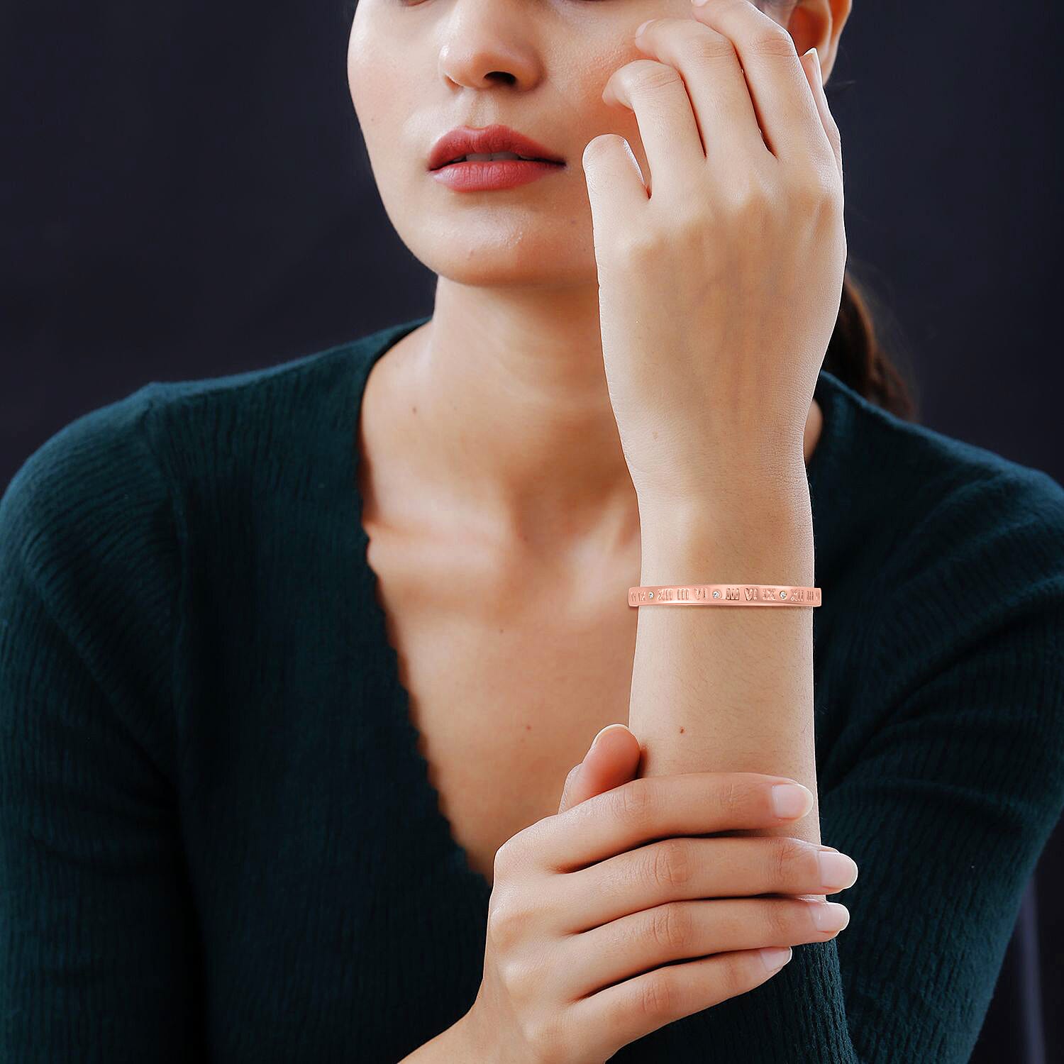 Designer Inspired-White Austrian Crystal Bangle (Size - 7) in Rose Gold Tone