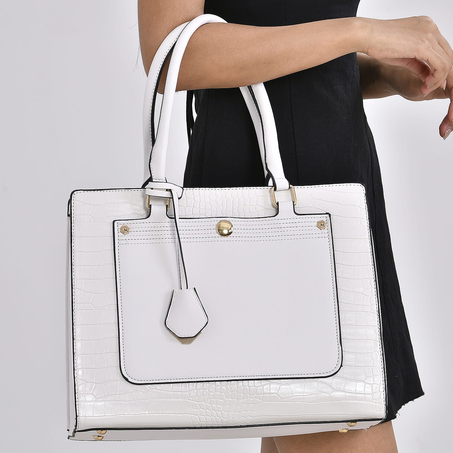 Leather Look Crocodile Crossbody Bag (Size 35x12x25 cm) - White