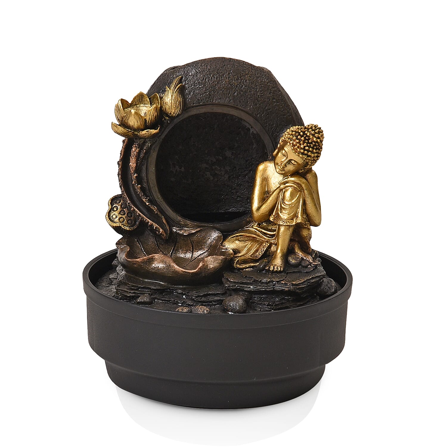 2-In-1 Resting Buddha Water Fountain LED Light With Incense Burner (30pcs Incense) - Gold & Grey