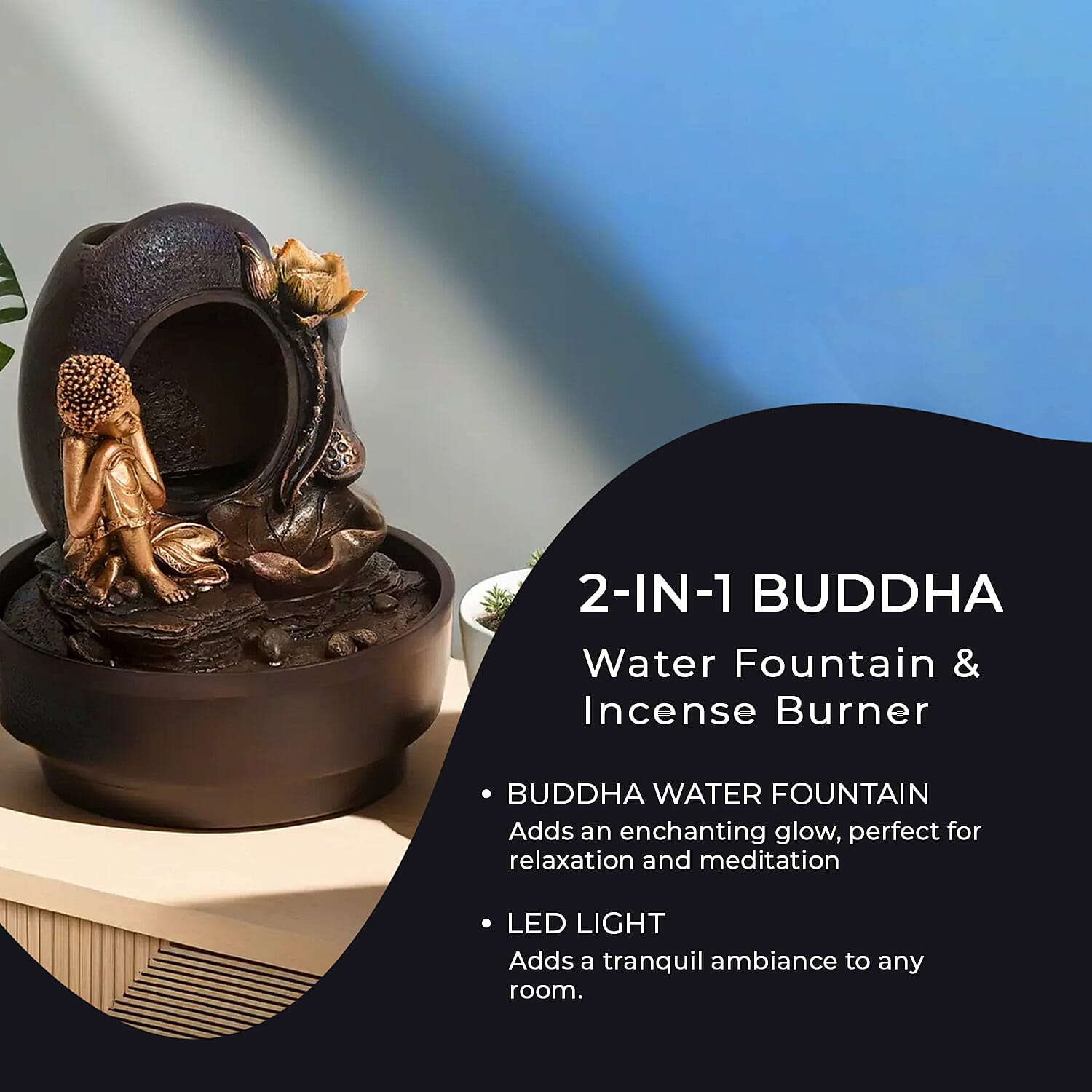 2-In-1 Resting Buddha Water Fountain LED Light With Incense Burner (30pcs Incense) - Gold & Grey