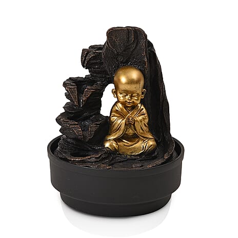 2-In-1 Little Monk Water Fountain LED Light With Incense Burner (30pcs Incense) - Grey & Gold