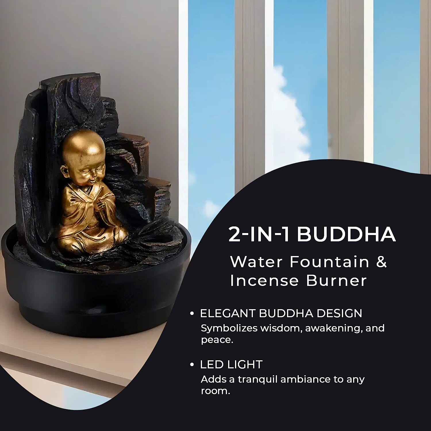 2-In-1 Little Monk Water Fountain LED Light With Incense Burner (30pcs Incense) - Grey & Gold