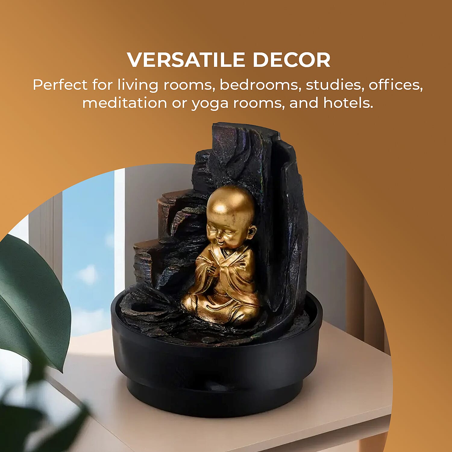 2-In-1 Little Monk Water Fountain LED Light With Incense Burner (30pcs Incense) - Grey - Gold