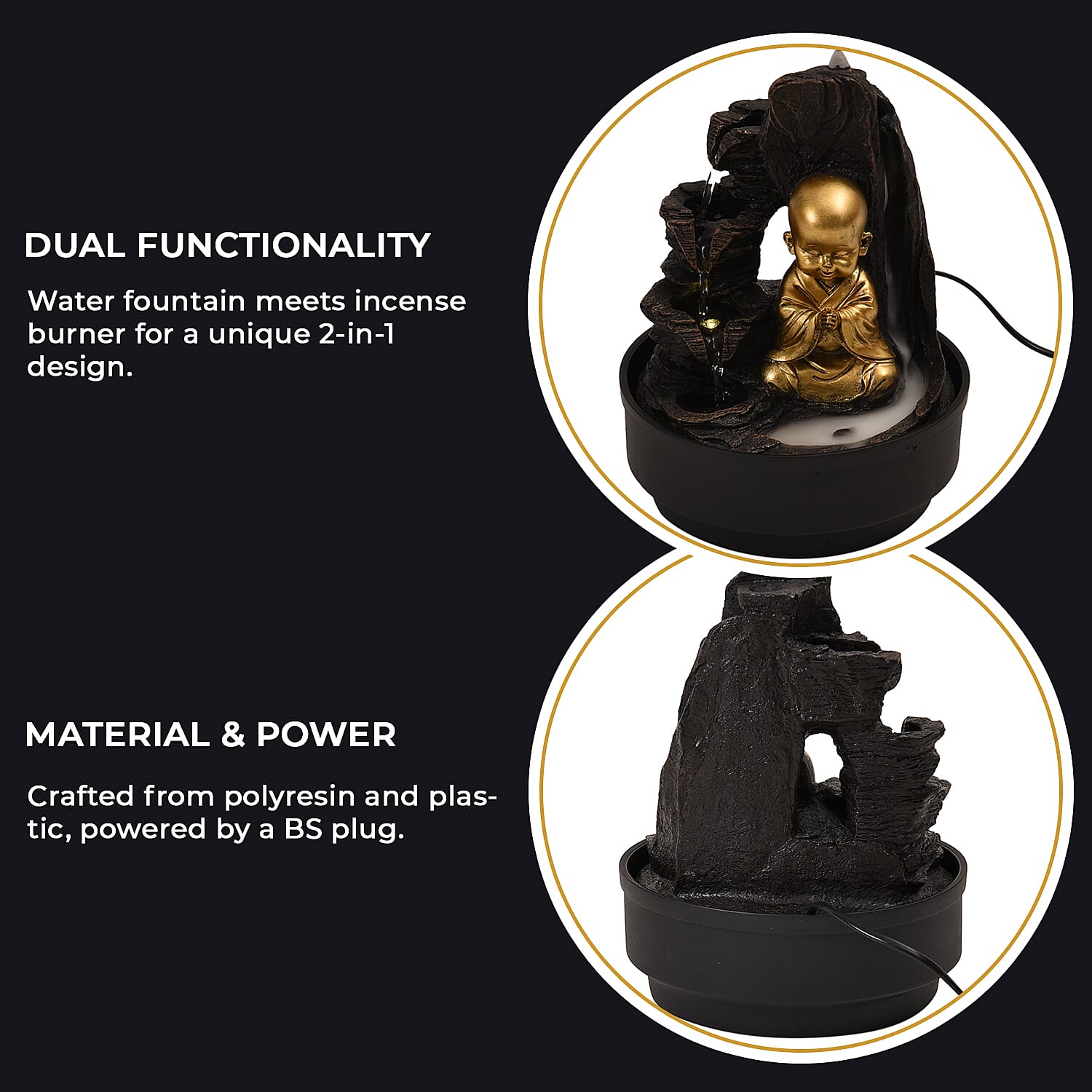 2-In-1 Little Monk Water Fountain LED Light With Incense Burner (30pcs Incense) - Grey - Gold