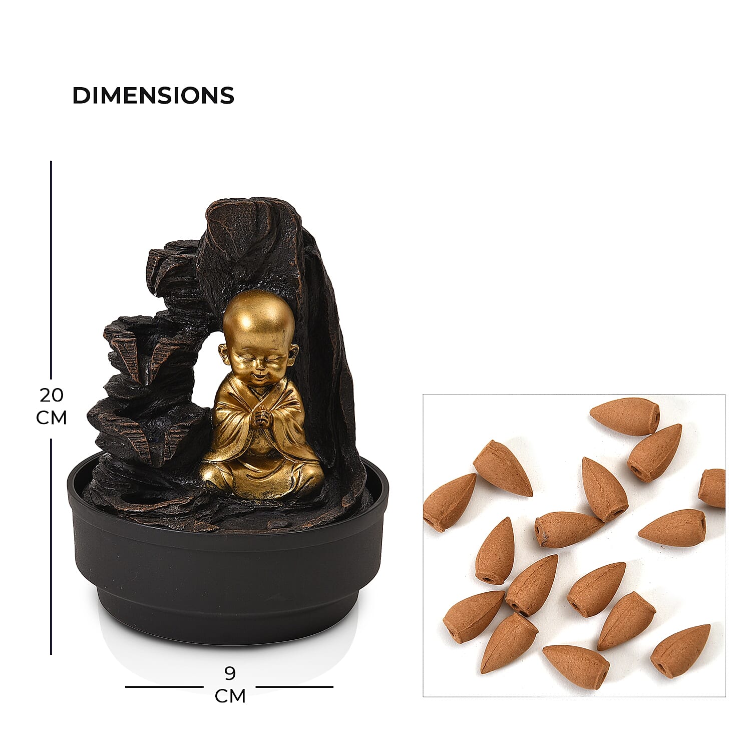 2-In-1 Little Monk Water Fountain LED Light With Incense Burner (30pcs Incense) - Grey - Gold