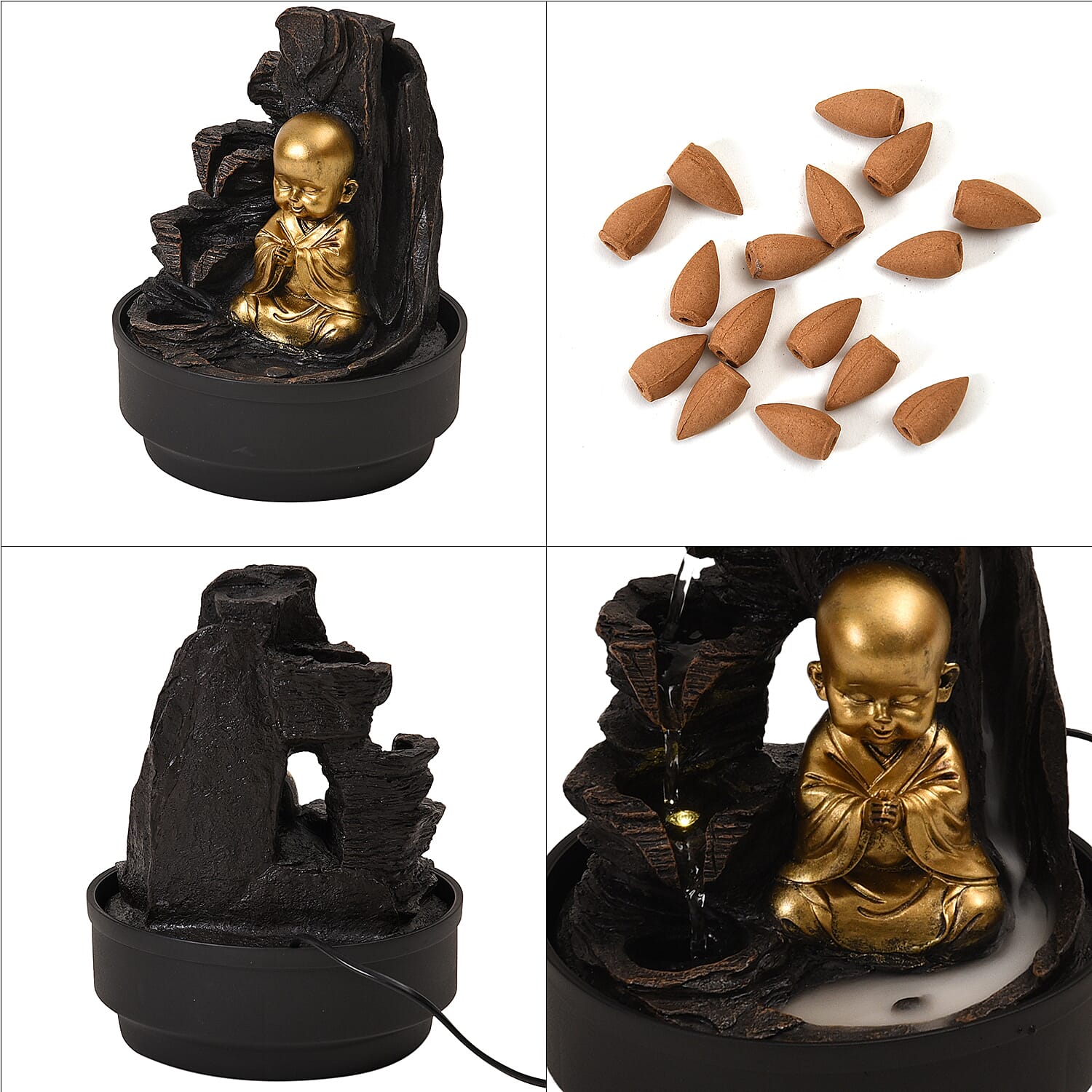 2-In-1 Little Monk Water Fountain LED Light With Incense Burner (30pcs Incense) - Grey - Gold