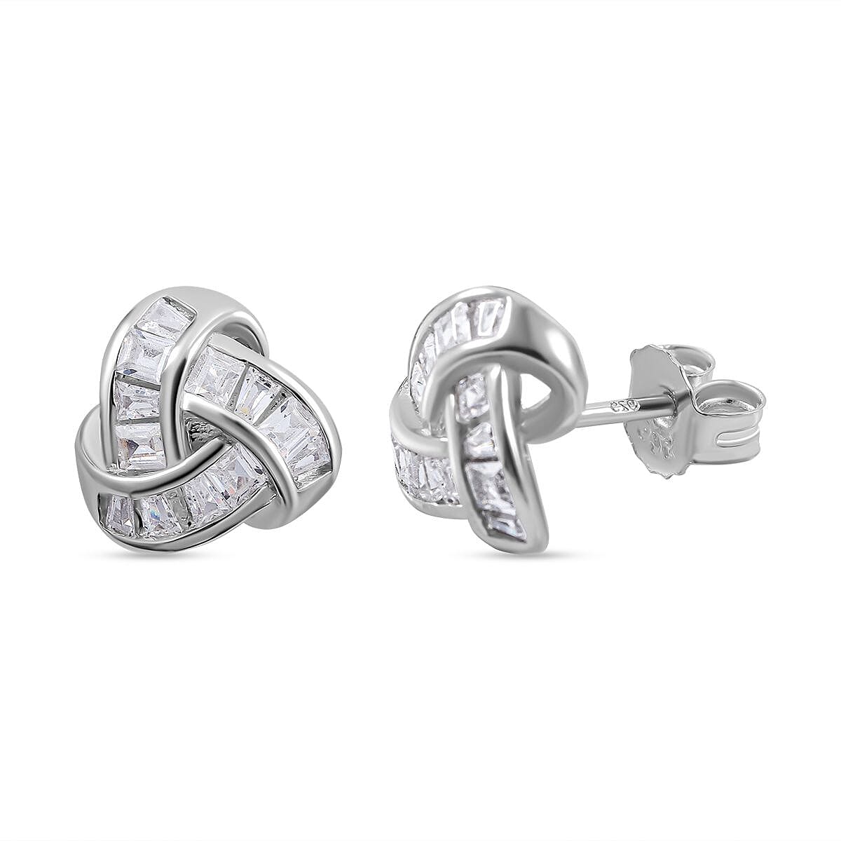 Cubic Zirconia Knot Stud Earrings in Rhodium Overlay Sterling Silver