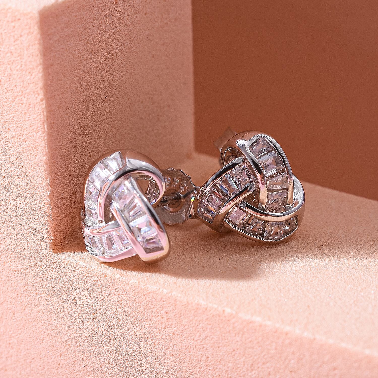 Cubic Zirconia Knot Stud Earrings in Rhodium Overlay Sterling Silver