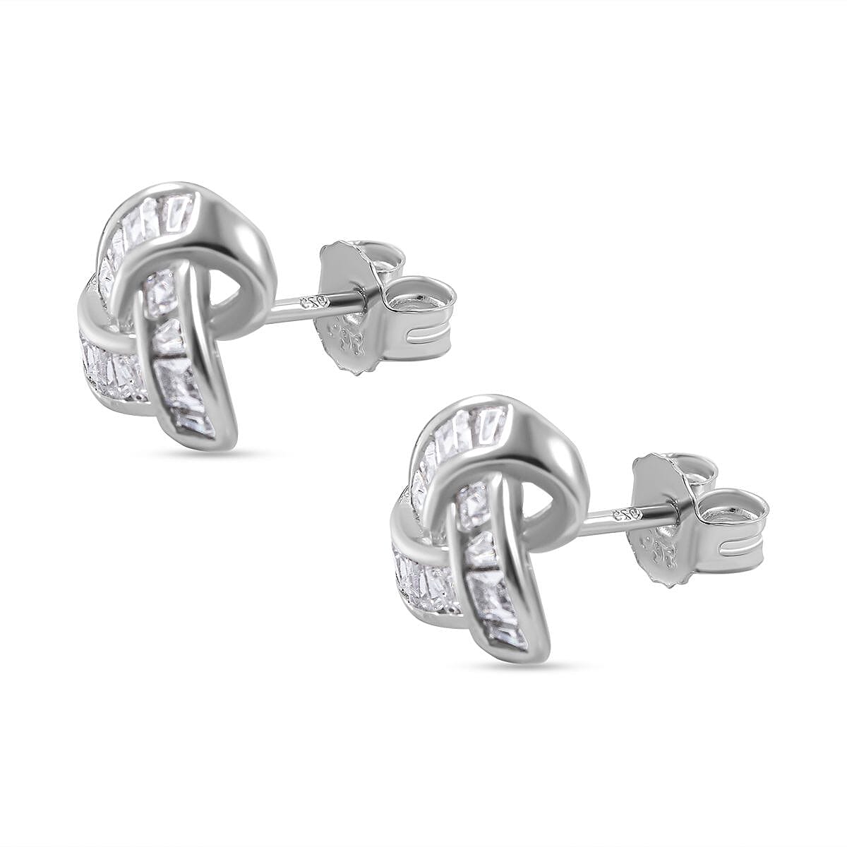 Cubic Zirconia Knot Stud Earrings in Rhodium Overlay Sterling Silver