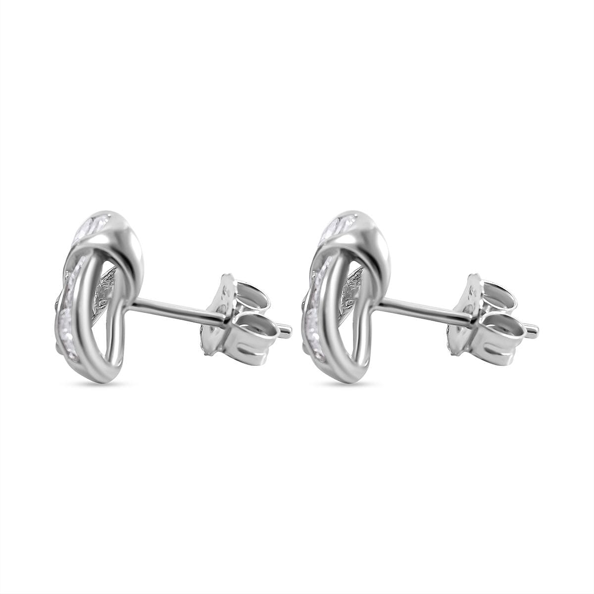 Cubic Zirconia Knot Stud Earrings in Rhodium Overlay Sterling Silver