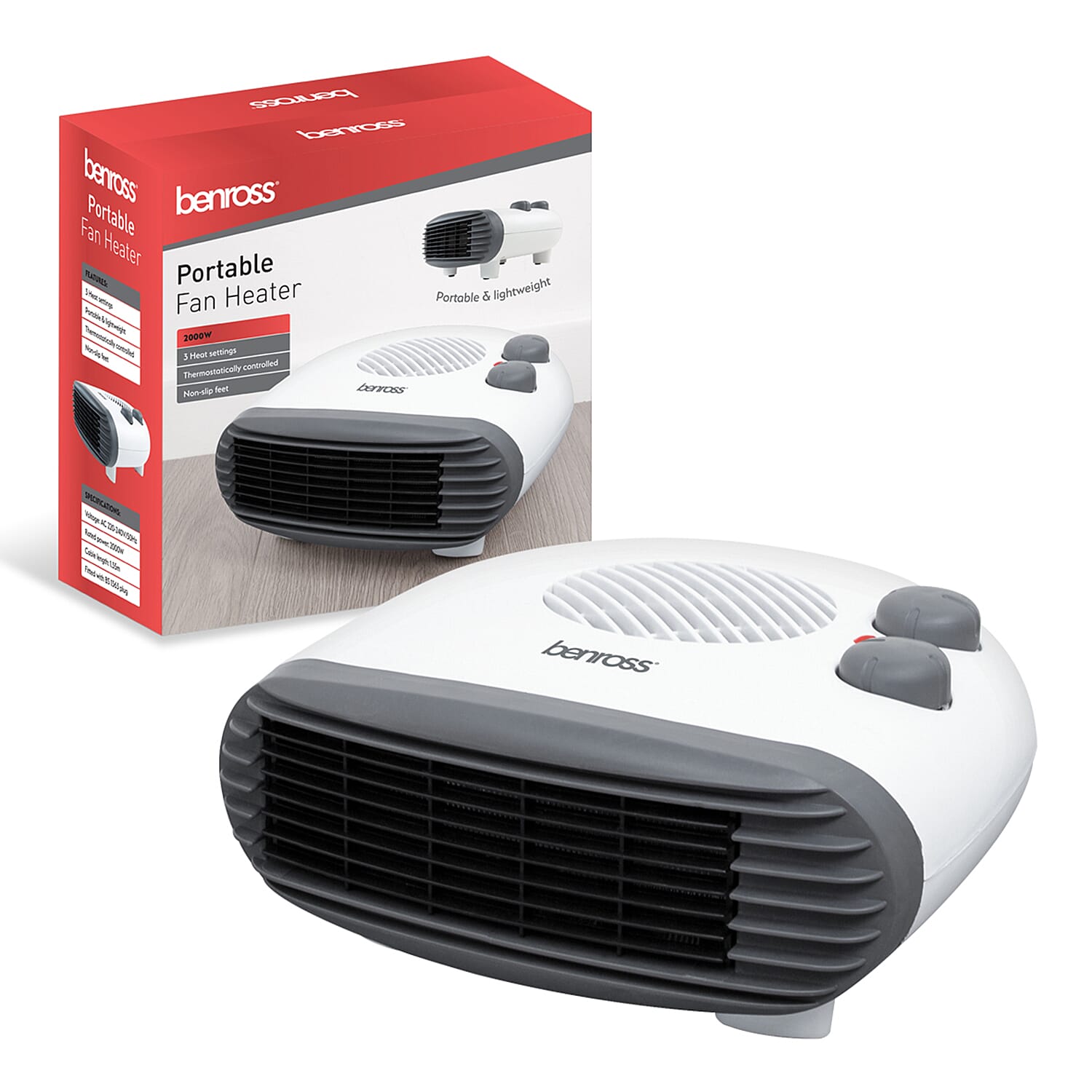 Benross Low Noise Heater Featuring Both Heating & Cooling Options with 3 Temprature Settings (Heat Output 2KW) - White & Grey