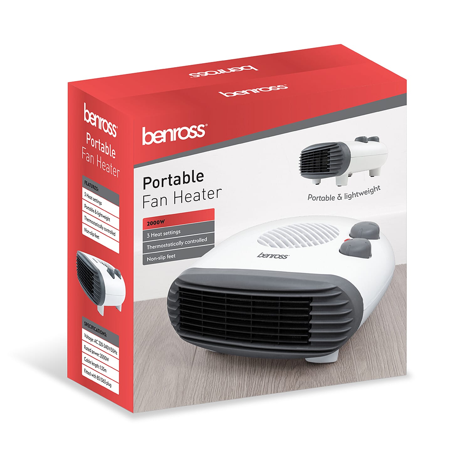 Benross Low Noise Heater Featuring Both Heating & Cooling Options with 3 Temprature Settings (Heat Output 2KW) - White & Grey