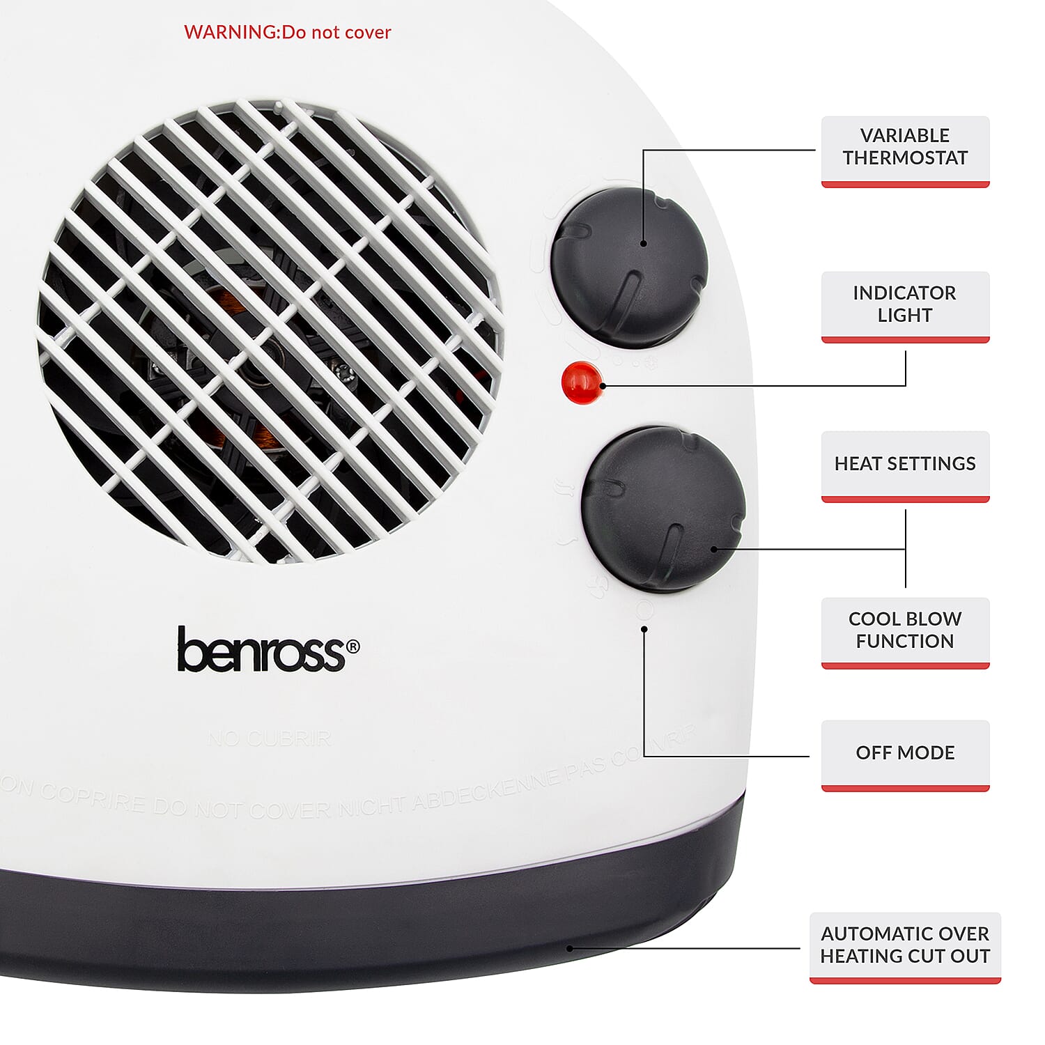 Benross Low Noise Heater Featuring Both Heating & Cooling Options with 3 Temprature Settings (Heat Output 2KW) - White & Grey