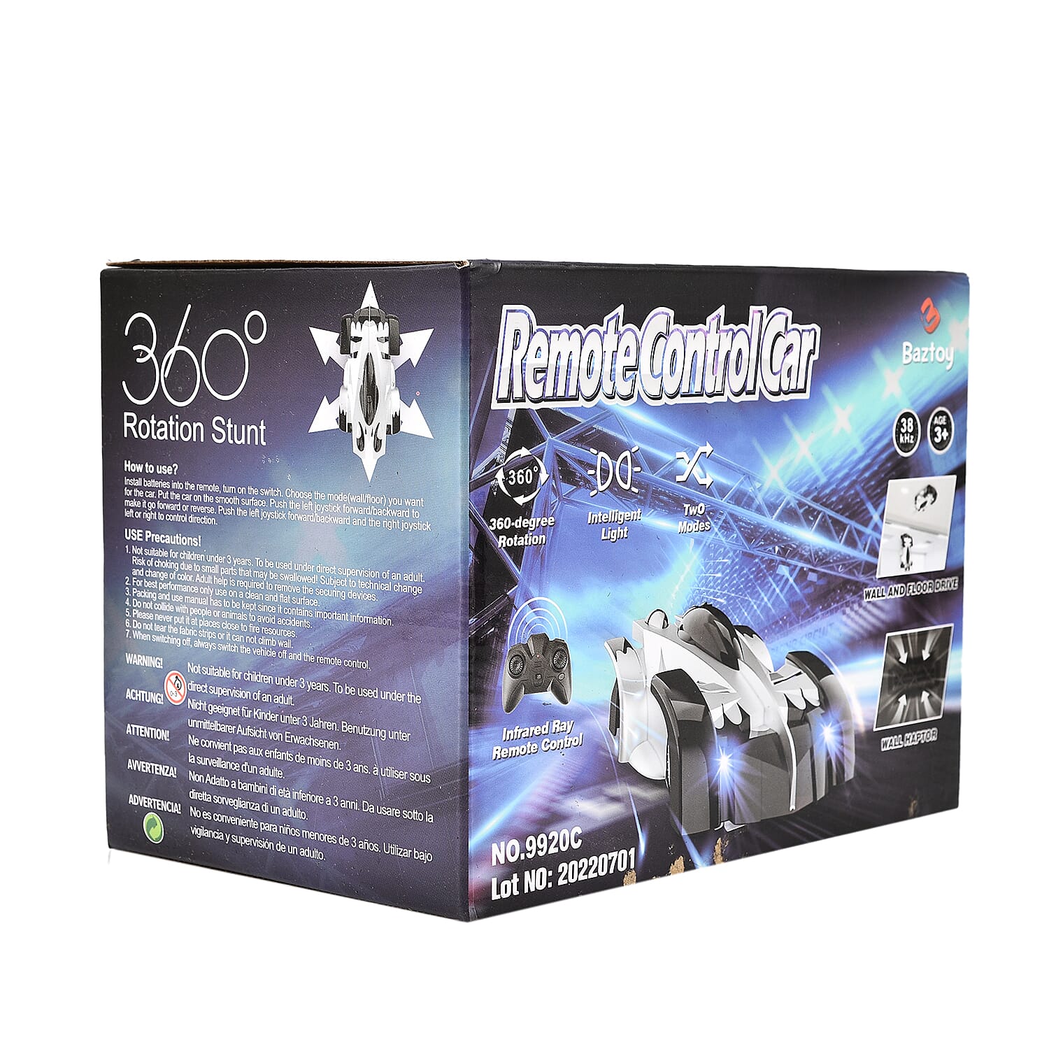 CHENBAI Remote Control Rechargeable Wall Climbing Toy Car with 360 Degree Rotation & LED Lights - Black & White