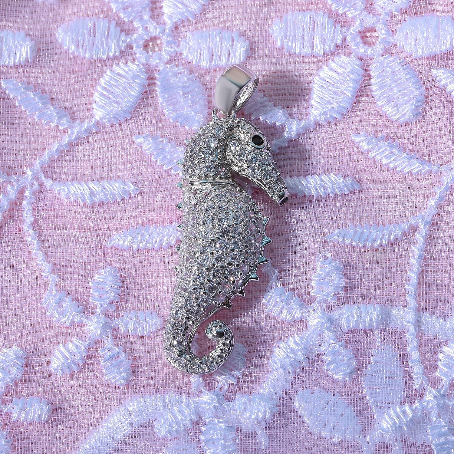 Cubic Zirconia Open-Backed Seahorse Pendant in Rhodium Overlay Sterling Silver