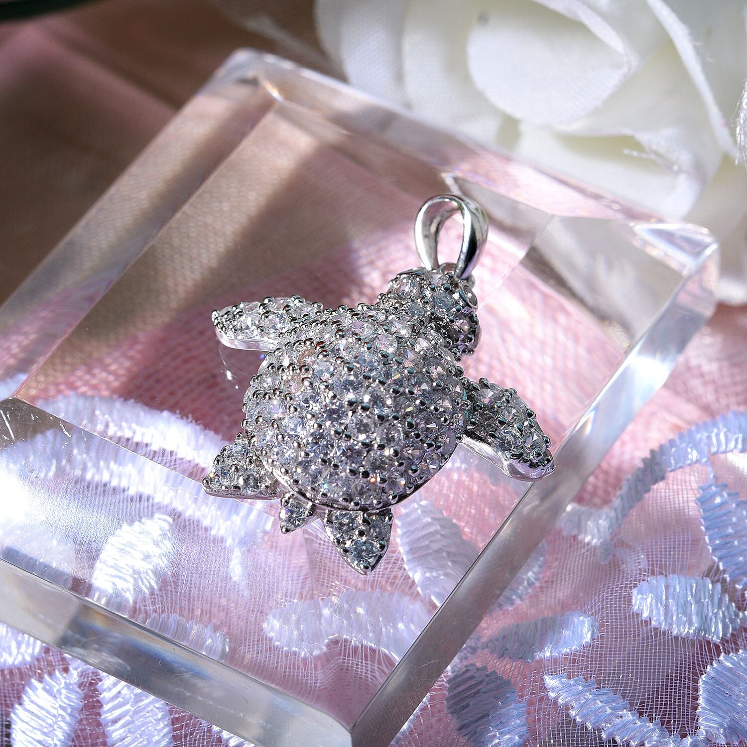 Cubic Zirconia Turtle Pendant in Rhodium Overlay Sterling Silver