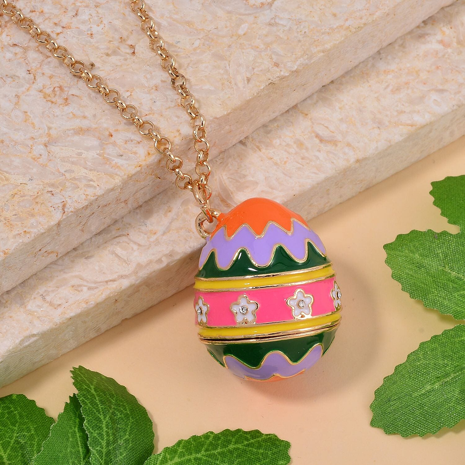 Multi Colour & White Austrian Crystal Enamelled Easter Egg Necklace (Size - 28) in Yellow Gold Tone