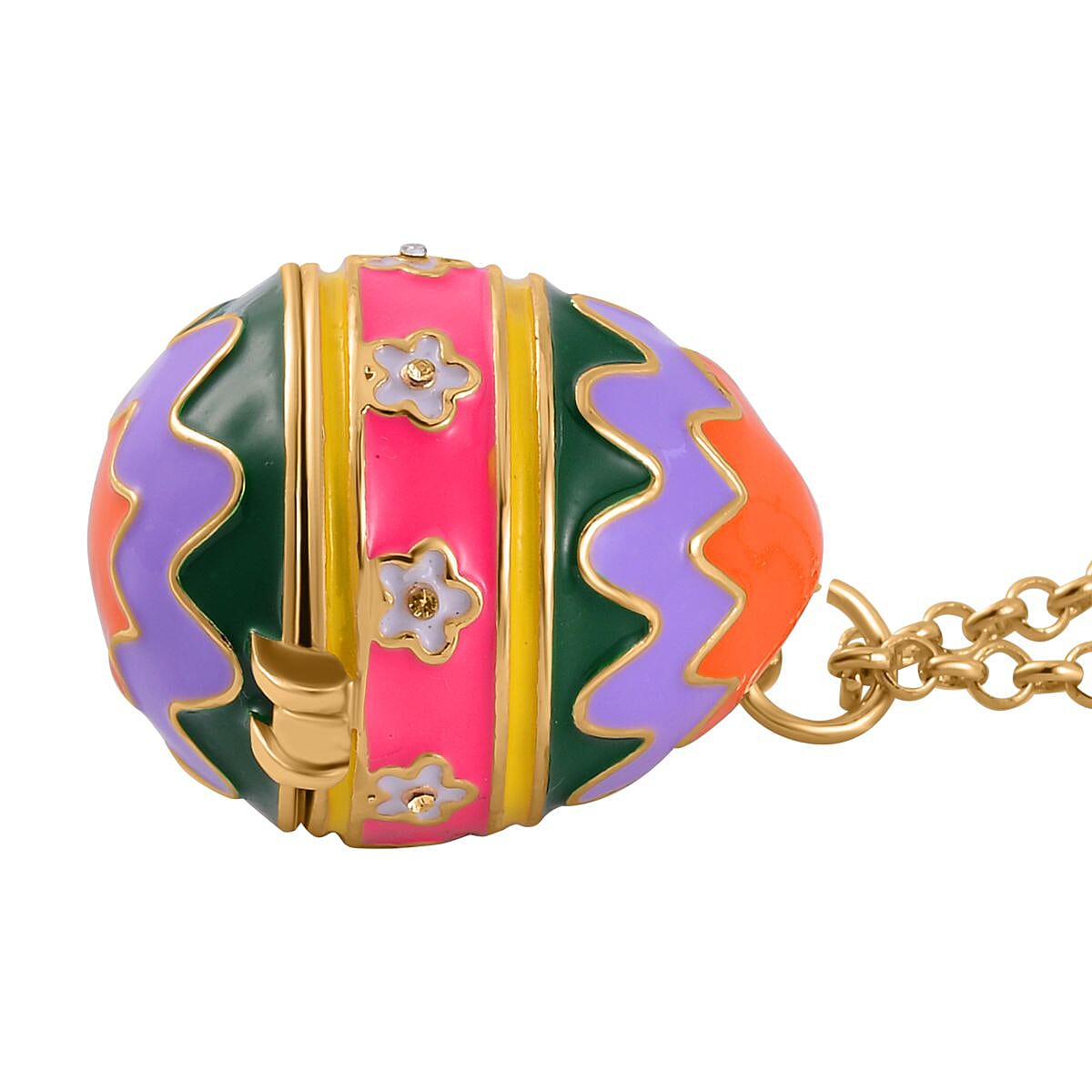 Multi Colour & White Austrian Crystal Enamelled Easter Egg Necklace (Size - 28) in Yellow Gold Tone
