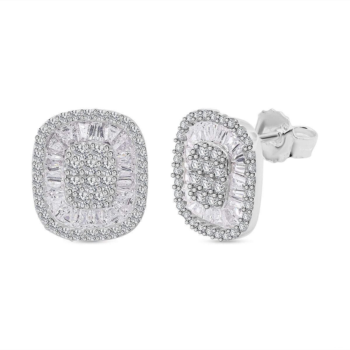 Cubic Zirconia Cluster Earrings With Push Back in Rhodium Overlay Sterling Silver
