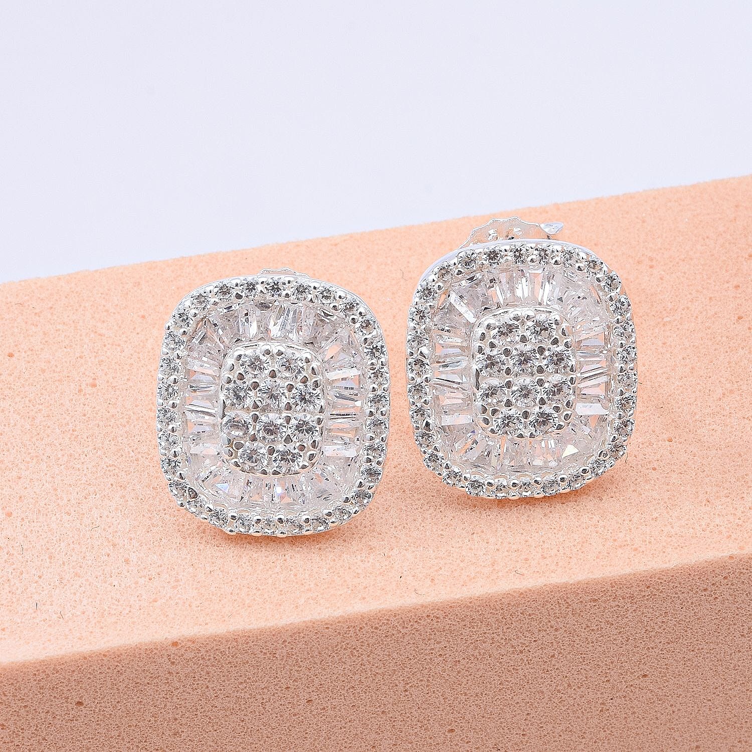 Cubic Zirconia Cluster Earrings With Push Back in Rhodium Overlay Sterling Silver