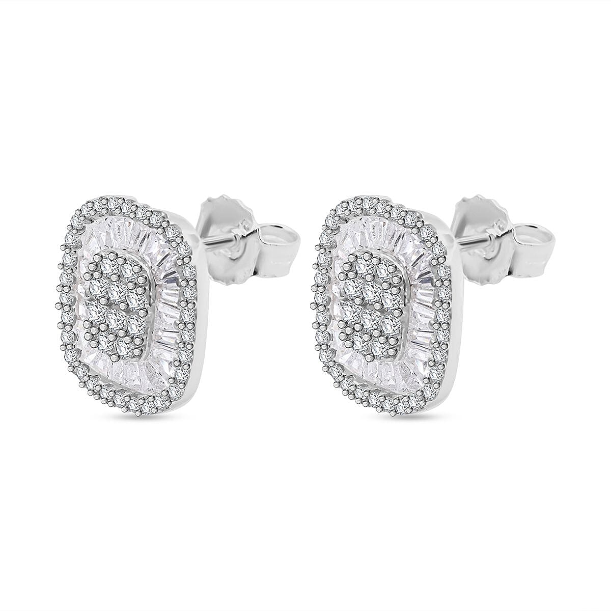 Cubic Zirconia Cluster Earrings With Push Back in Rhodium Overlay Sterling Silver