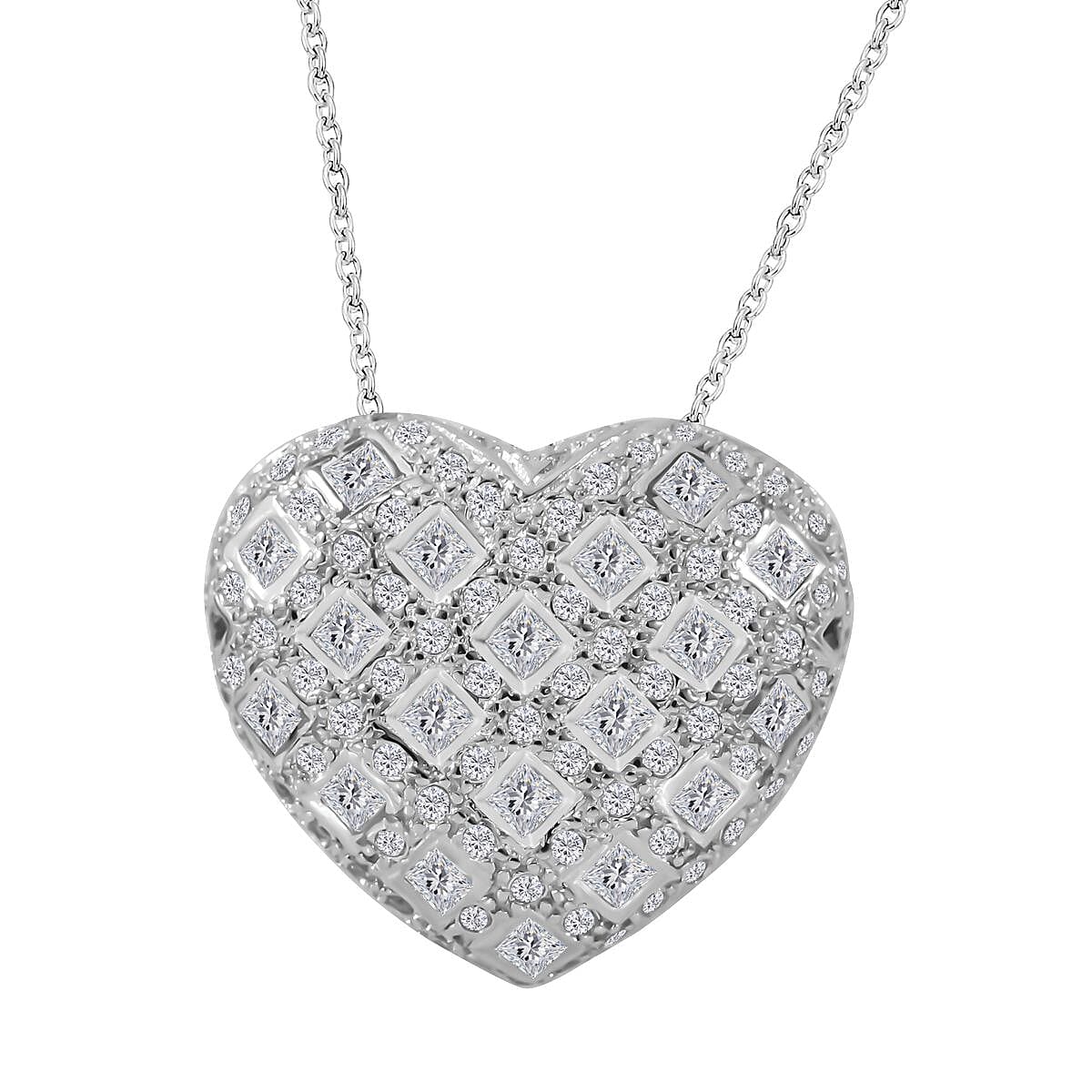 Cubic Zirconia Cluster Heart Necklace (Size - 20) in Rhodium Overlay Sterling Silver , Silver Wt. 7.30 Gms